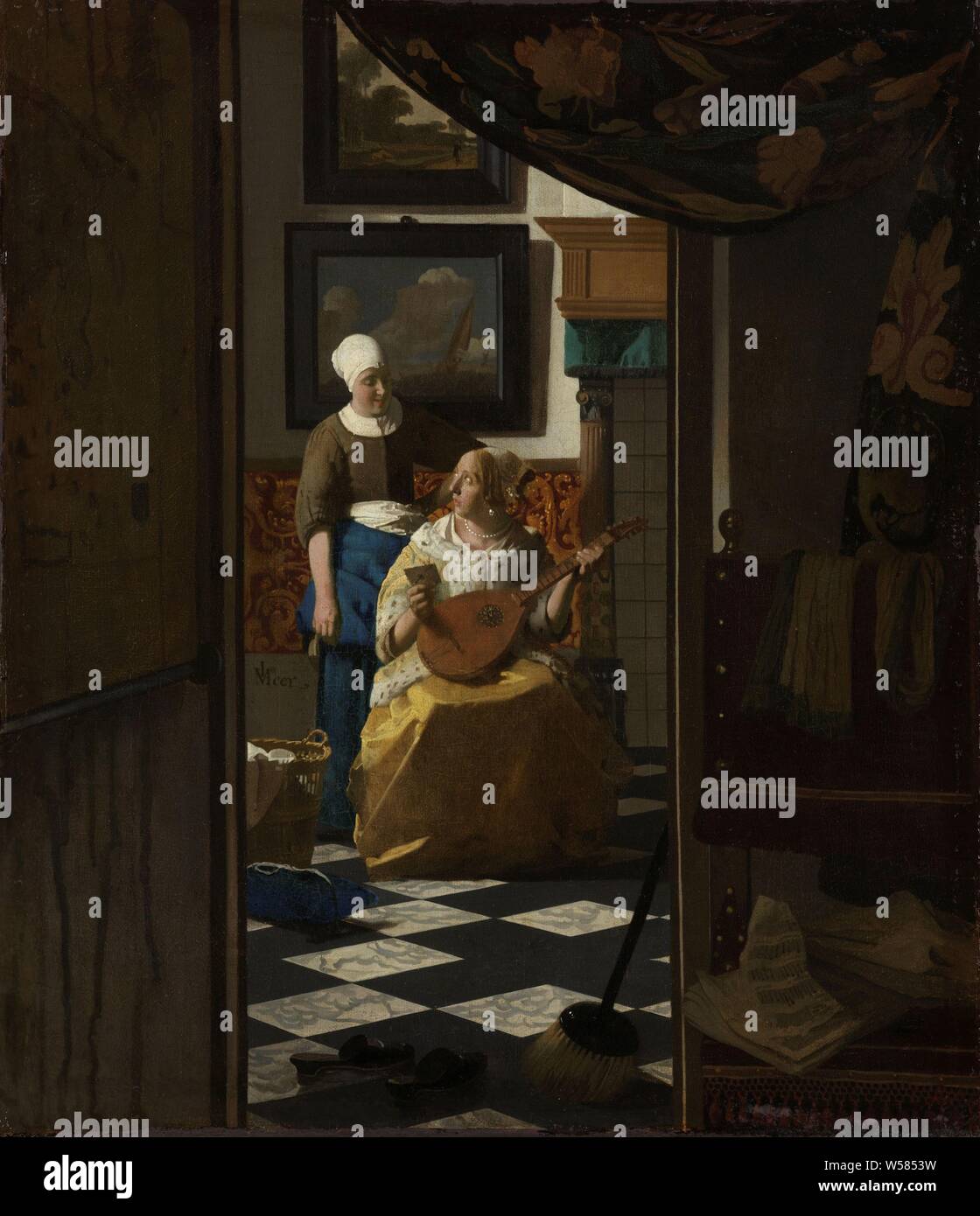 The Love Letter, Performance known as 'The love letter'. View through an open door to an interior where a maid hands a letter to a young woman with a lute on her lap. Against the back wall two paintings with a landscape and a seascape. In the foreground two slippers, a broom and a chair, letter, envelope, lute, and special forms of lute, eg .: theorbo, picture, painting, hangings and drapery, (household) utensils and implements, maid, house personnel, Johannes Vermeer, c. 1669 - c. 1670, canvas, oil paint (paint), h 44 cm × w 38.5 cm h 68.5 cm × w 62.5 cm × t 7 cm w 9 kg Stock Photo