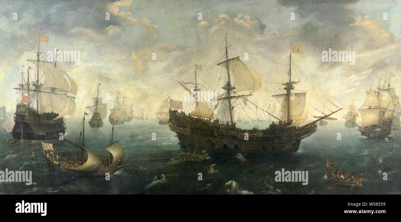 The Spanish Armada off the English Coast in 1588, The Spanish Armada off the English coast in 1588. A fleet of Spanish warships, with some horses swimming in the foreground, further a yacht and some small boats ., Cornelis Claesz. van Wieringen, c. 1620 - 1625, canvas, oil paint (paint), support: h 102.5 cm × w 206.2 cm d 8 cm Stock Photo