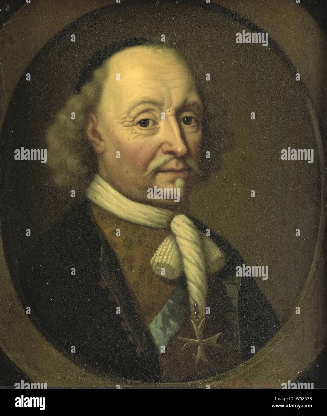 Portrait of Johan Maurits (1604-79), count of Nassau-Siegen and governor of Brazil, Portrait of Johan Maurits of Nassau-Siegen, governor of Brazil. Bust in oval, to the right. He wears the blue ribbon of the Danish Order of the Elephant and has the cross of the Order of St. John around his neck, Johan Maurits count of Nassau-Siegen, Michiel van Musscher, 1670 - 1680, copper (metal), oil paint (paint), h 15.9 cm × w 14 cm d 3.3 cm Stock Photo