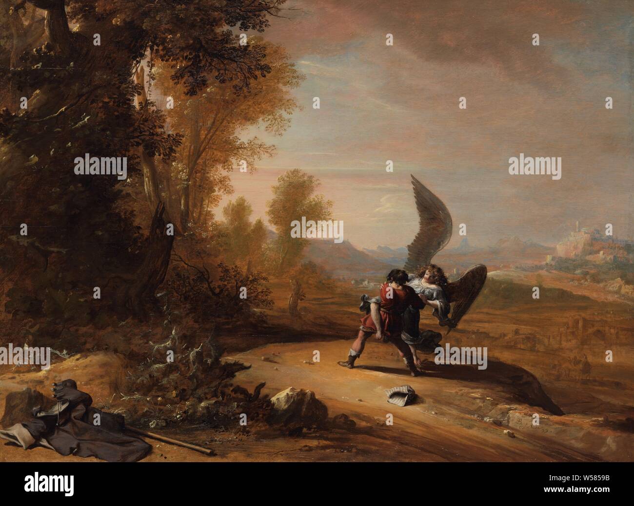 Jacob Wrestling with the Angel, Jacob wrestles with the angel. Along the road are Jacob's mantle and staff, a city in the distance to the right., Bartholomeus Breenbergh, 1639, oil paint (paint), panel, painting, support: h 50 cm × w 68 cm Stock Photo