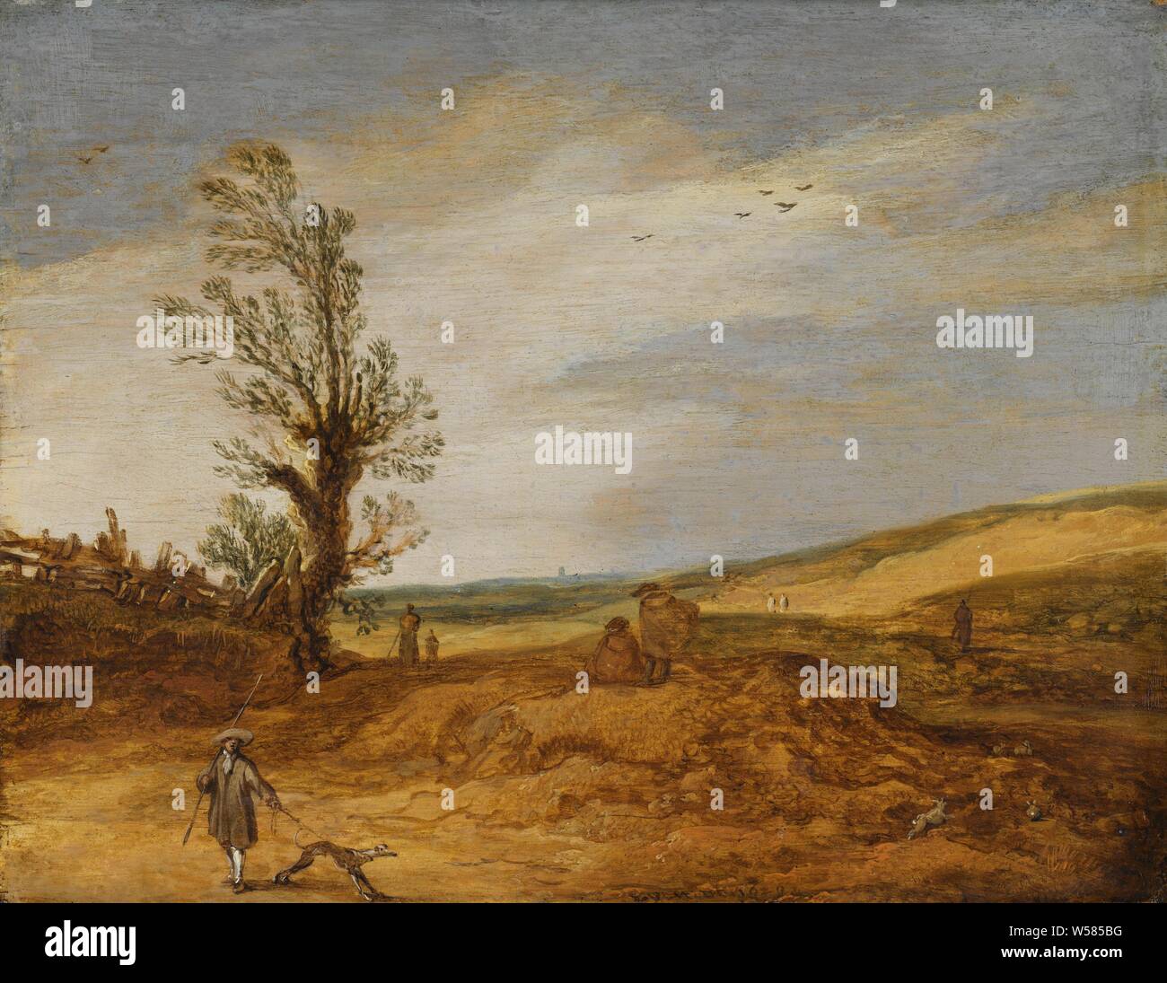 A View in the Dunes, Dune landscape with various figures on and along a country road. In the foreground a man with a dog lurking for a leaping hare., Esaias van de Velde, 1629, panel, oil paint (paint), support: h 17.7 cm × w 22.7 cm d 4.6 cm Stock Photo