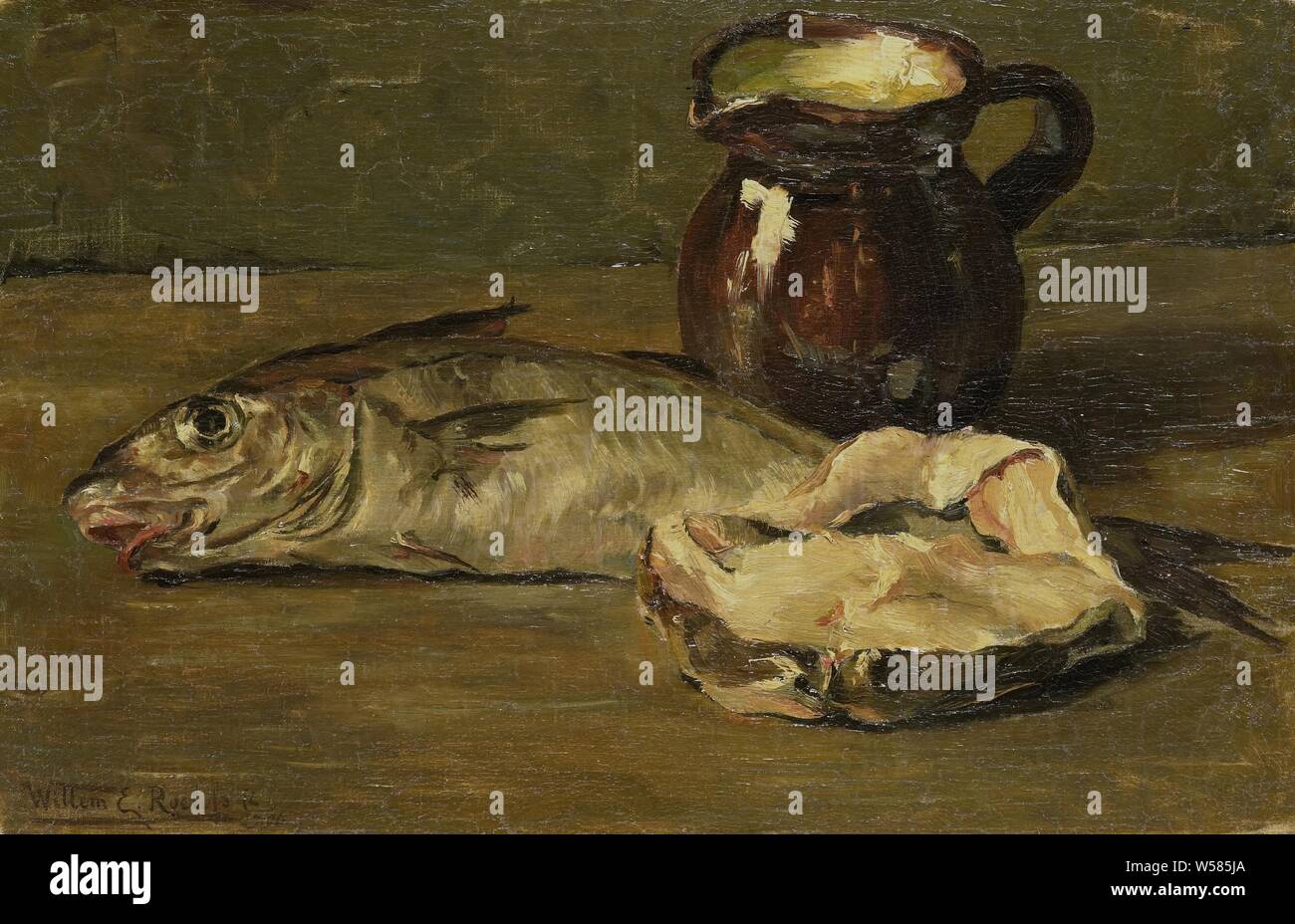 Still life with cod, some slices of fish and a brown jug., Willem Roelofs (II), 1896, canvas, oil paint (paint), h 33.8 cm × w 50.6 cm × t 3.2 cm d 13.5 cm Stock Photo