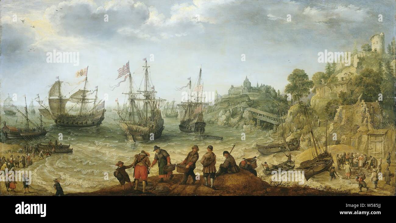 Ships off a Rocky Coast, Ships off a rocky coast. Three English warships and one Spanish galley lie in the water off the coast. On the beach on the left, two gentlemen greet each other with a deep bow, in the middle a trumpeter and a few fishermen. Fish is sold on the beach on the right. A castle on a hill in the distance., Adam Willaerts, 1621, panel, oil paint (paint), support: h 62.5 cm × w 122.1 cm Stock Photo