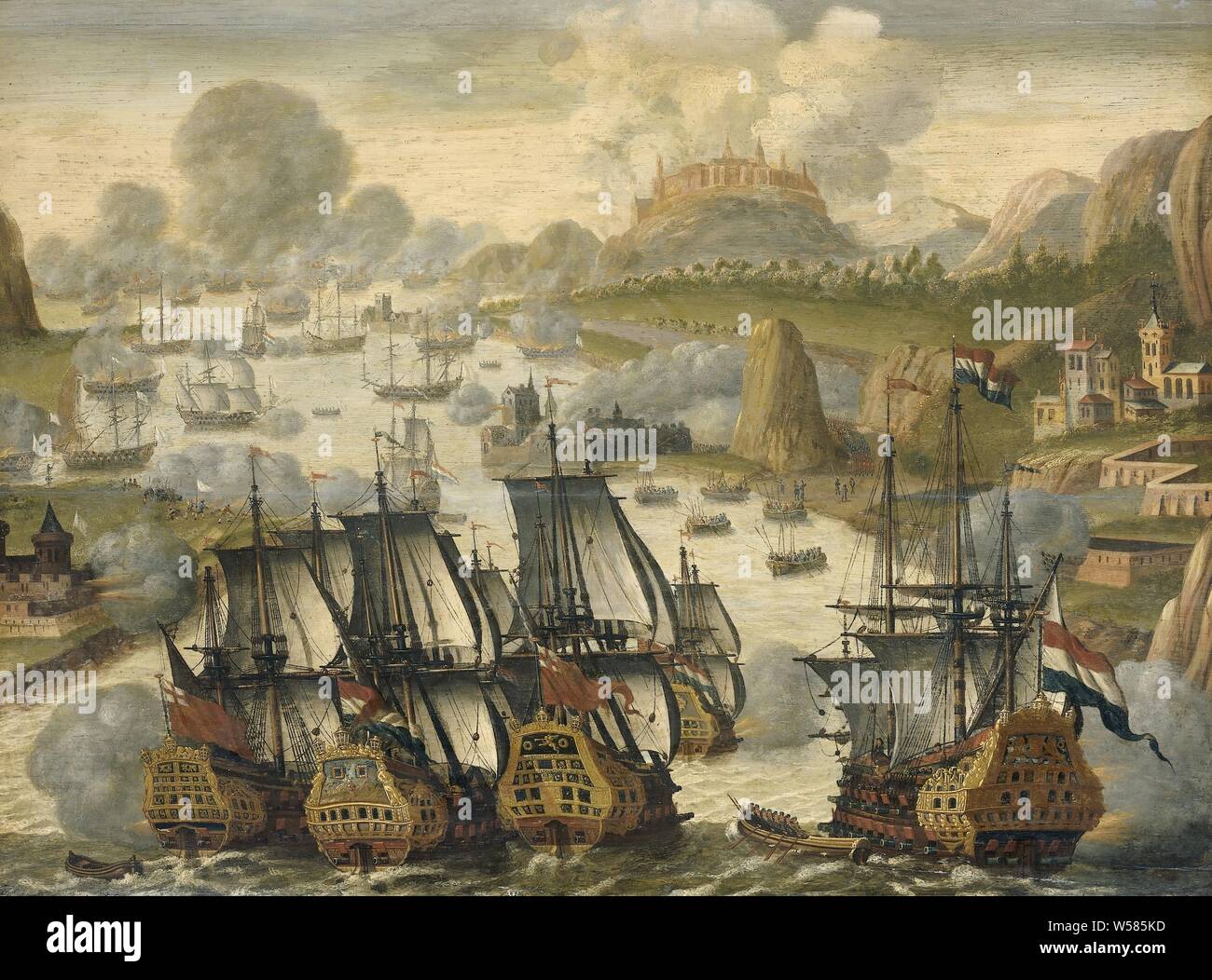 Naval Battle of Vigo Bay, October 23, 1702. Episode from the War of the Spanish Succession, Battle of the Bay of Vigo, 1702. Episode from the War of Succession. Robbery of the combined English and Dutch fleets, in the foreground, on the Spanish-French fleet. The bay is full of warships and sloops, guns firing from the shore on the ships, Vigo, anonymous, Northern Netherlands, c. 1705, panel, oil paint (paint), h 59 cm × h 62 cm × w 82.5 cm d 6 cm Stock Photo