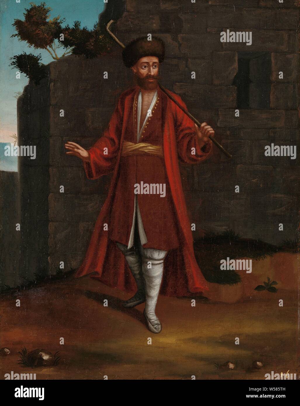 Man from the Bulgarian Coast, A Bulgarian from the coast. Standing, full-length, in front of a ruin, the staff over the left shoulder, folk costume, regional costume, standing figure, Turkey, Bulgaria, Jean Baptiste Vanmour (workshop of), Istanbul, 1700 - 1737, canvas, oil paint (paint), h 39 cm × w 31 cm Stock Photo