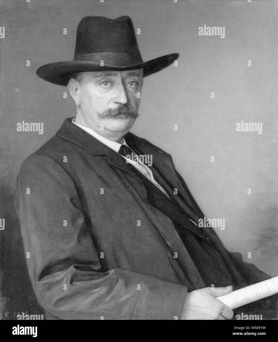 Johannes Martinus Messchaert (1857-1922). Singer and singing teacher, Portrait of Johannes Martinus Messchaert (1857-1922), singer and singing teacher. Sitting, half-length, a roll of sheet music in his hand, a black hat on the head, singer without accompaniment, Johannes Martinus Messchaert, Jan Veth (signed by artist), Netherlands, 1903, canvas, oil paint (paint), h 82 cm × w 72 cm Stock Photo