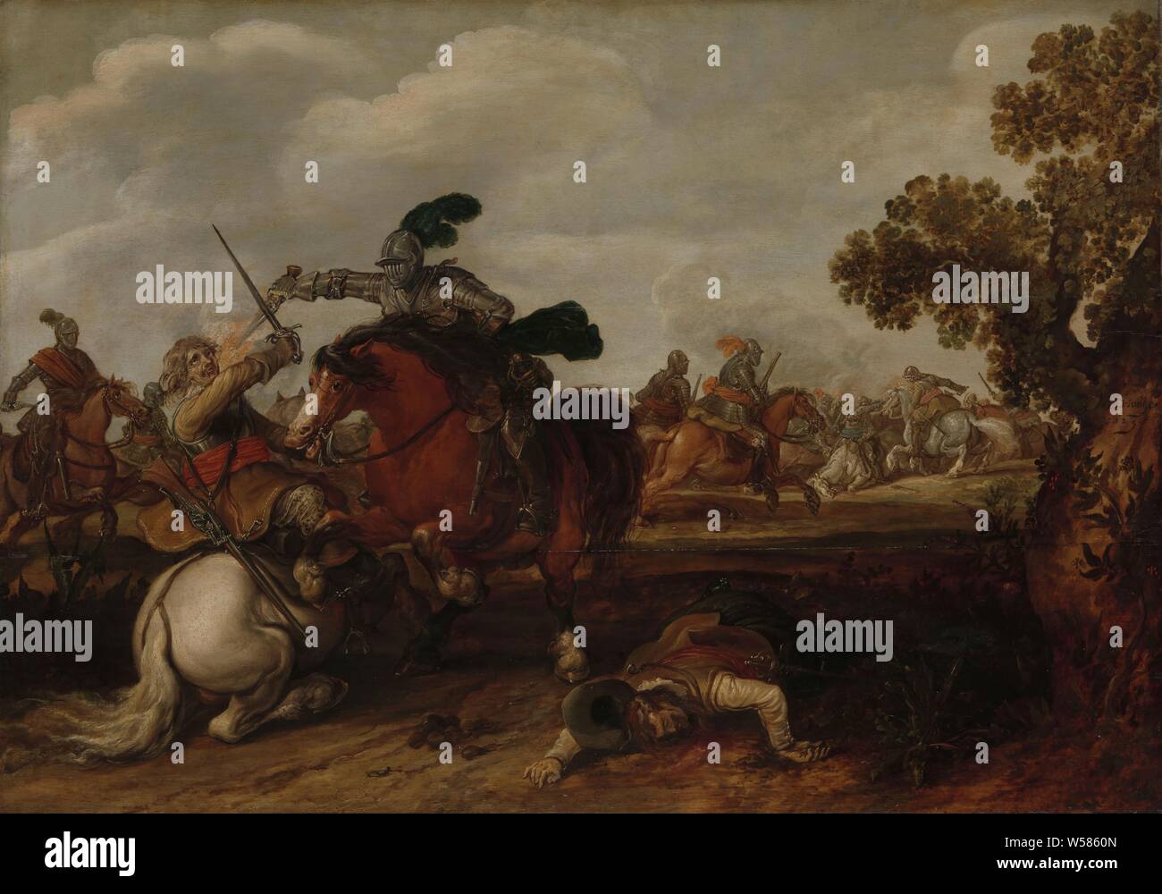 A Cavalry Charge, Equestrian Fight. A rider in armor shoots with his gun at a rider on a white horse. In the foreground lies the body of a fallen man, in the background the battle rages, battle, fighting in general (cavalry, horsemen), horse throwing rider, Jan Martszen de Jonge (mentioned on object), 1629, panel, oil paint (paint), h 75.5 cm × w 107 cm d 6.5 cm Stock Photo