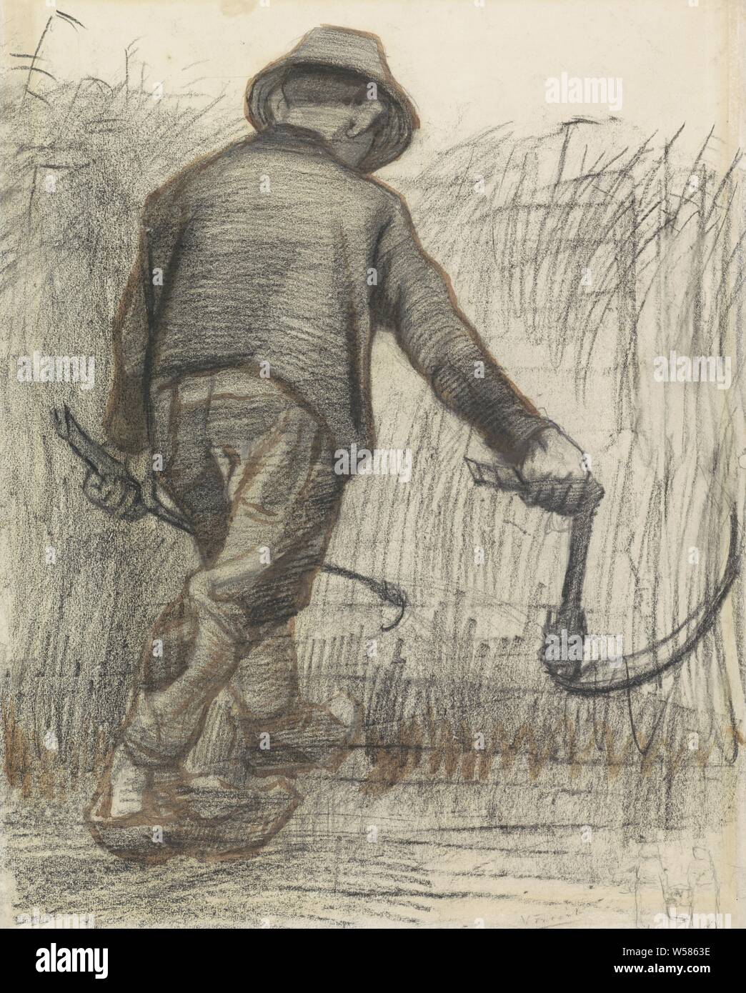 Corn cutter with hat, seen from behind, reaping, picking, mowing, harvest, agricultural implements: sickle, Vincent van Gogh (signed by artist), 1863 - 1890, paper, chalk, pencil, brush, h 483 mm × w 362 mm Stock Photo