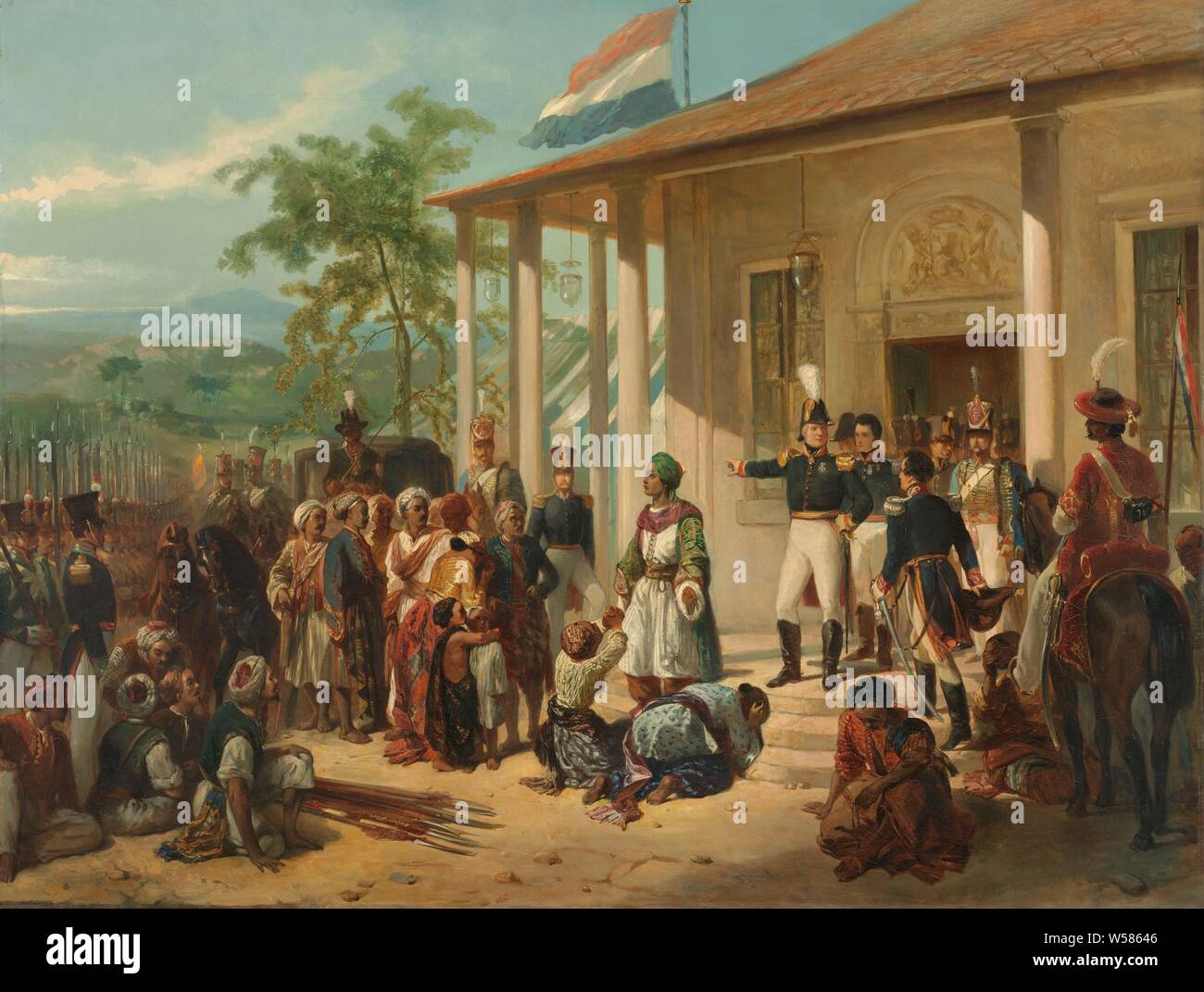 The Arrest of Diepo Negoro by Lieutenant-General Baron De Kock, The Submission of Diponegoro to Lieutenant General Hendrik Merkus Baron de Kock, March 28, 1830, ending the Java War (1825-30). The Javanese prince Diponegoro is arrested in front of De Kock's home. On the left the Dutch soldiers and the carriage with which the prince is taken away. The prince's followers sit on the left, their weapons are on the ground, surrender, war, prince, Java, Hendrik Merkus baron de Kock, Diponegoro, Nicolaas Pieneman, c. 1830 - c. 1835, canvas, oil paint (paint), h 77 cm × w 100 cm × h 111 cm × w 134 cm Stock Photo