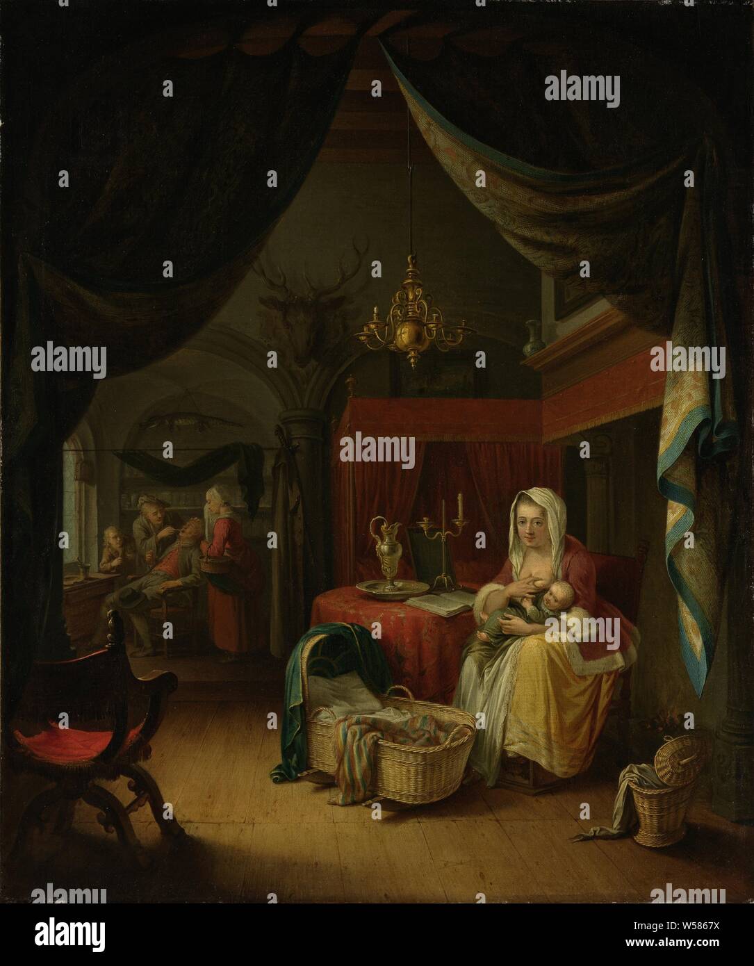 Triptych: Allegory of Art Training, Triptych with an allegory of art  education. A delivery room on the center panel, a woman is breastfeeding a  child. She is seated at a table, the