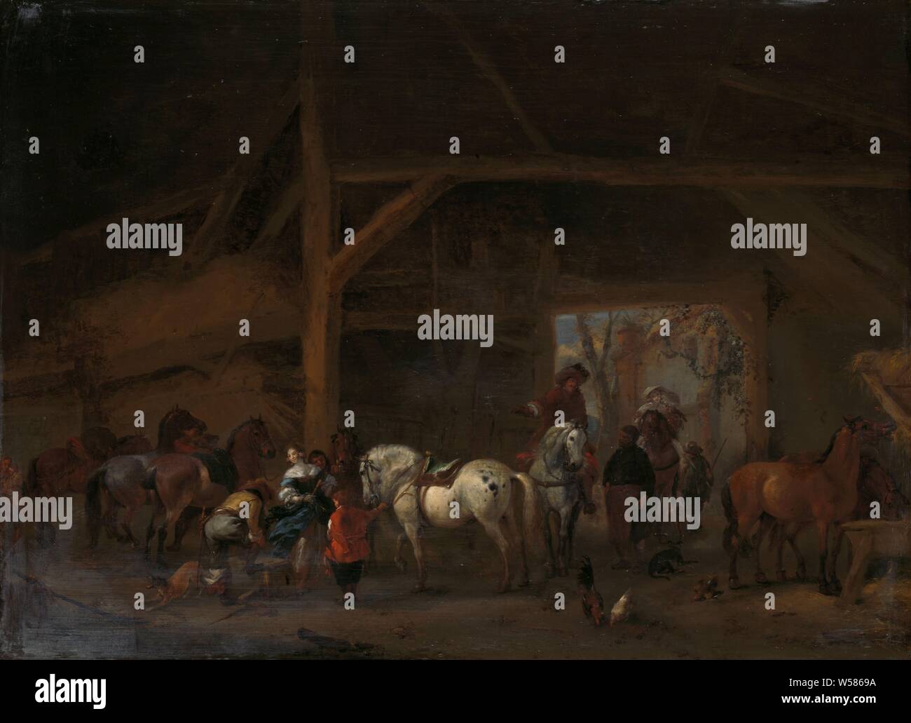 A Horse Stable, A horse stable. On the right a gentleman and lady on horses enter the stable. On the left, a young woman waits for a rider to put on his boots, while a boy holds a white horse by the bridle. There are more horses, stall, stable, horse in the stable on the left and right, Philips Wouwerman, 1650 - 1668, panel, oil paint (paint), h 47 cm × w 64.5 cm d 5.5 cm Stock Photo
