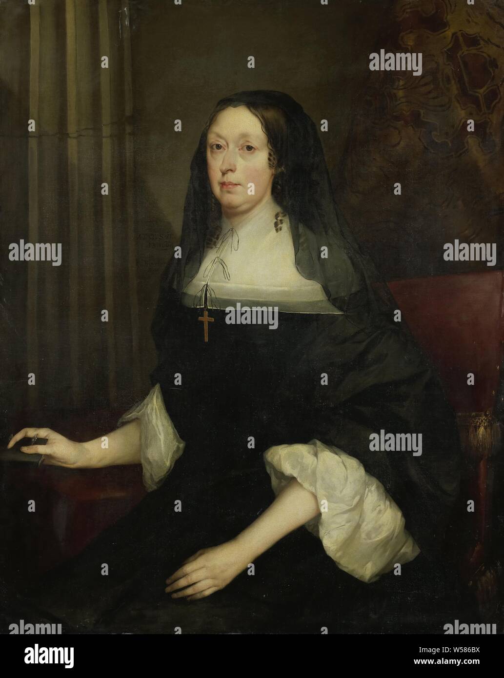 Portrait of a Woman, Portrait of a woman sitting seated to the knees. She is wearing a widow's clothing. In the right hand a book., Pieter Borselaer, 1664, canvas, oil paint (paint), h 113 cm × w 91 cm d 5.5 cm Stock Photo