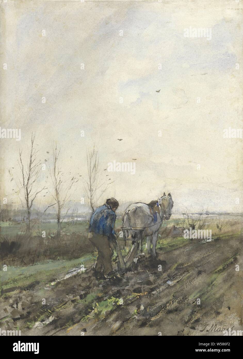 Plowing farmer, plowing, Jacob Maris (mentioned on object), 1847 - 1899, paper, brush, h 310 mm × w 225 mm Stock Photo