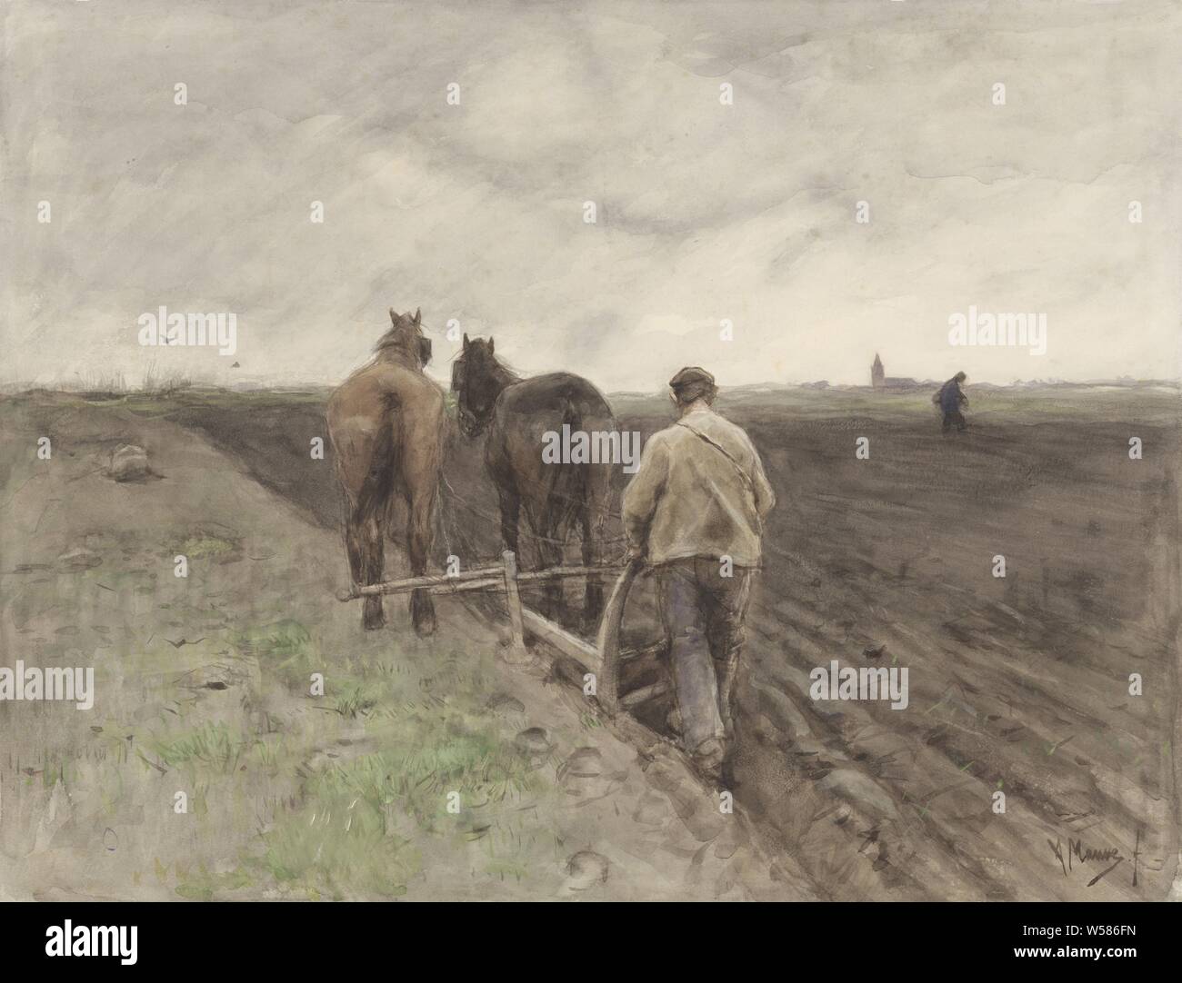 Farmer behind the Plow, plowing, Anton Mauve (mentioned on object), c. 1885, paper, brush, h 458 mm × w 600 mm Stock Photo