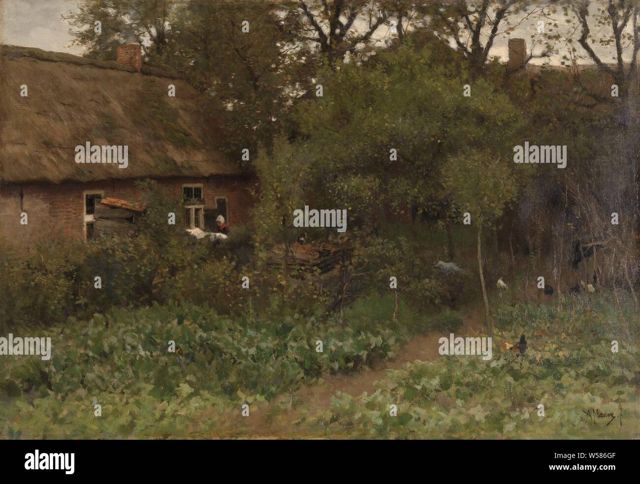 The Vegetable Garden, The vegetable garden, A vegetable garden next to a farmhouse with a thatched roof. At the house a woman is busy with laundry. On the right in the garden a few chickens, garden, Anton Mauve, c. 1885 - c. 1888, canvas, oil paint (paint), h 61 cm × w 87 cm h 91 cm × w 116 cm × d 12.5 cm Stock Photo