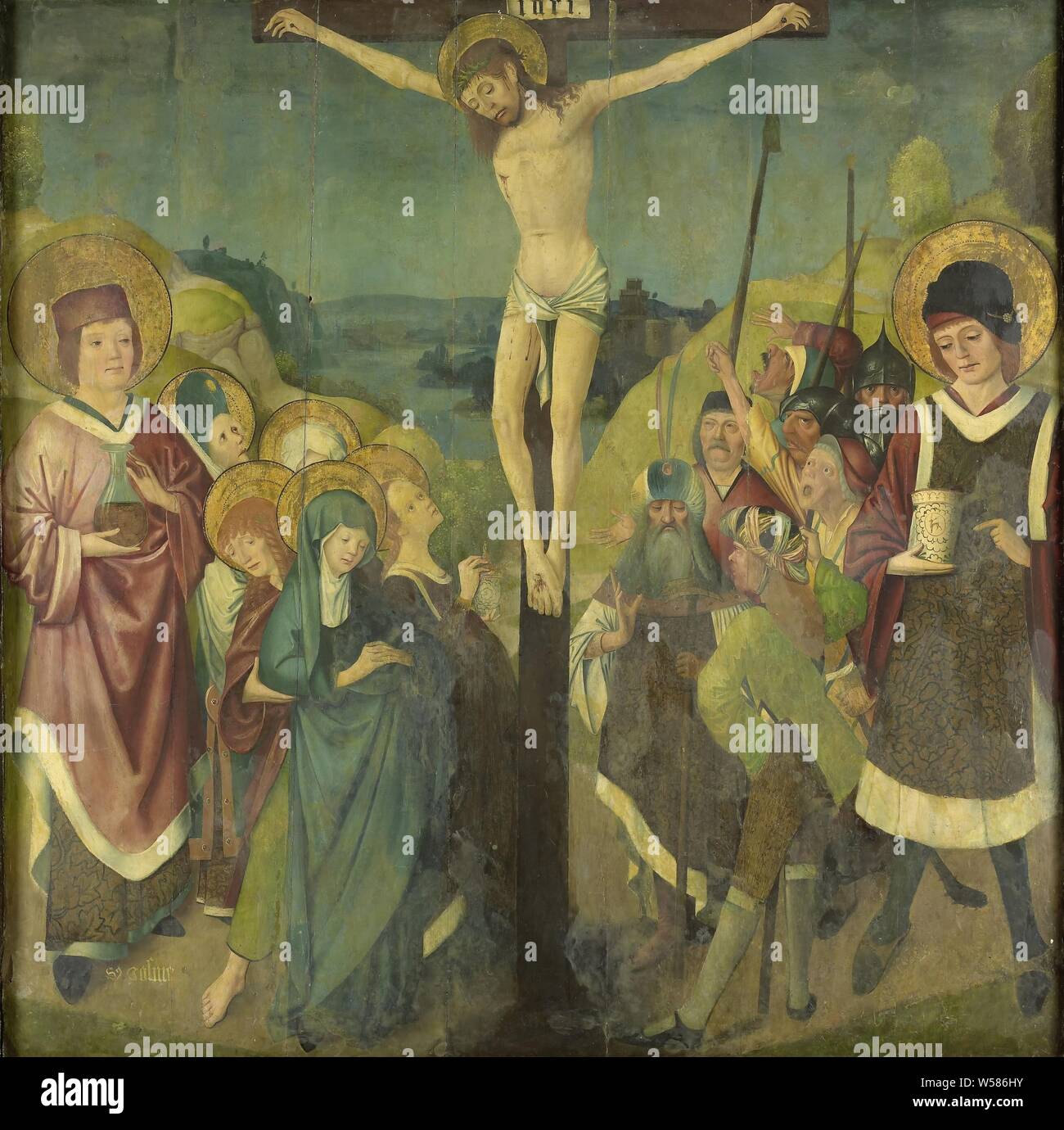 Crucifixion with Saints Cosmas and Damian, Crucifixion with Saints Cosmas and Damian. Christ on the cross, on the left John, Mary, Mary Magdalene and St. Cosmas, on the right Pilate, soldiers and St. Damian., anonymous, Noord-Duitsland, 1425 - 1449, panel, oil paint (paint), h 157.5 cm × w 157.5 cm × t 1.5 cm d 5.8 cm Stock Photo
