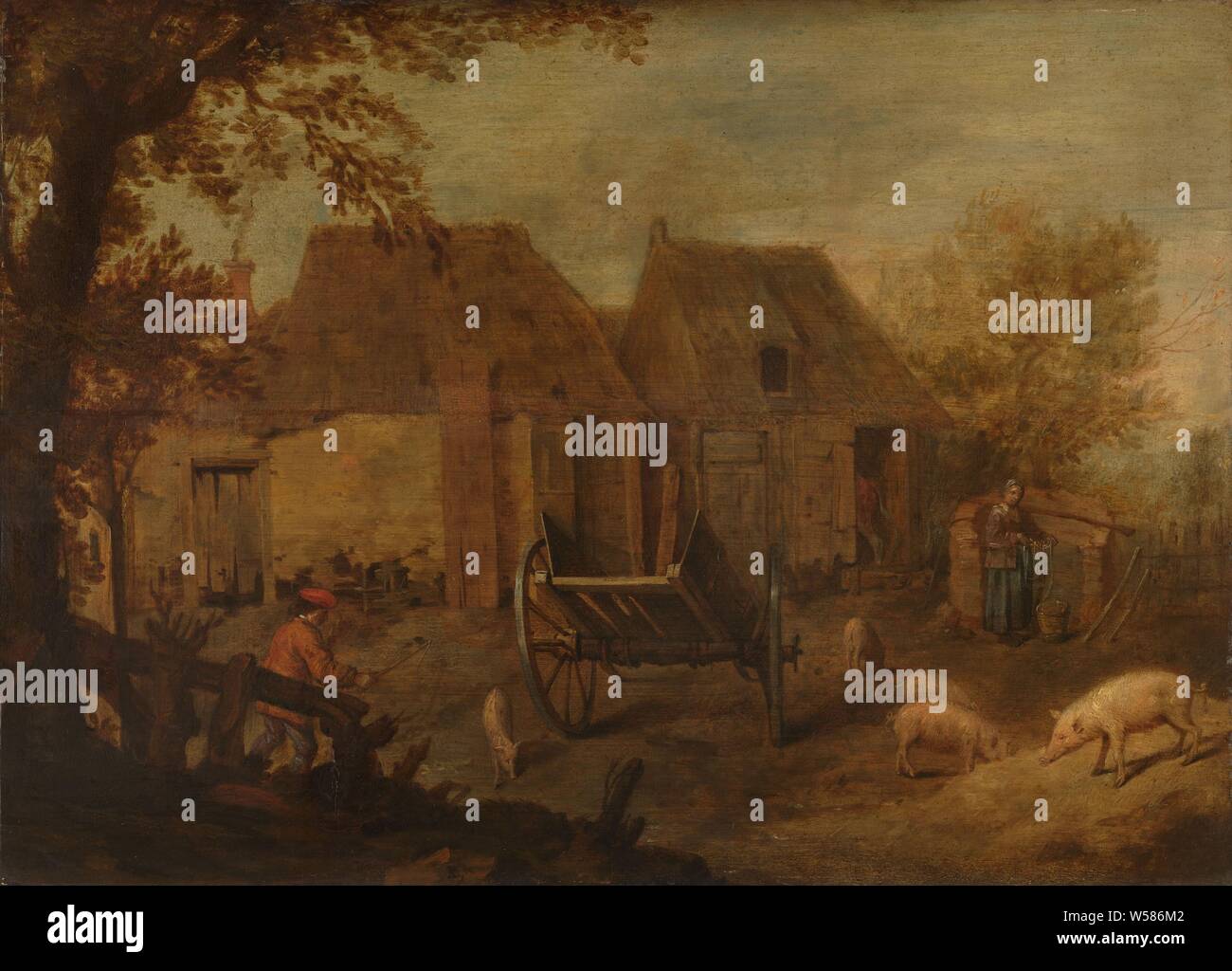 Barnyard, A farmyard with a pig herder, a wagon and a woman standing by the well., anonymous, Southern Netherlands, c. 1640, panel, oil paint (paint), h 32 cm × w 45.5 cm × h 50 cm × w 63 cm × t 8 cm Stock Photo