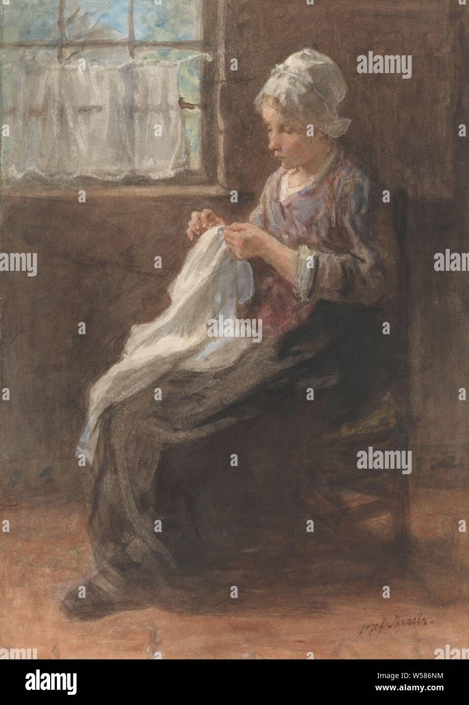 The dressmaker, sewing, Jozef Israels (mentioned on object), 1834 - 1911, paper, brush, h 414 mm × w 304 mm Stock Photo