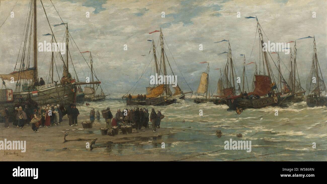 Fishing Pinks in Breaking Waves Fink in the surf, Fink in the surf. Fishing vessels on the beach and off the coast. On the beach men and women stand by baskets of fish. In the foreground the anchors stick in the sand, sea and coastal fishery, sailing ship, sailing boat, ships, boats on land, beached, Hendrik Willem Mesdag, c. 1875 - c. 1885, oil paint (paint), canvas, h 90 cm × w 181 cm w 41.8 kg Stock Photo