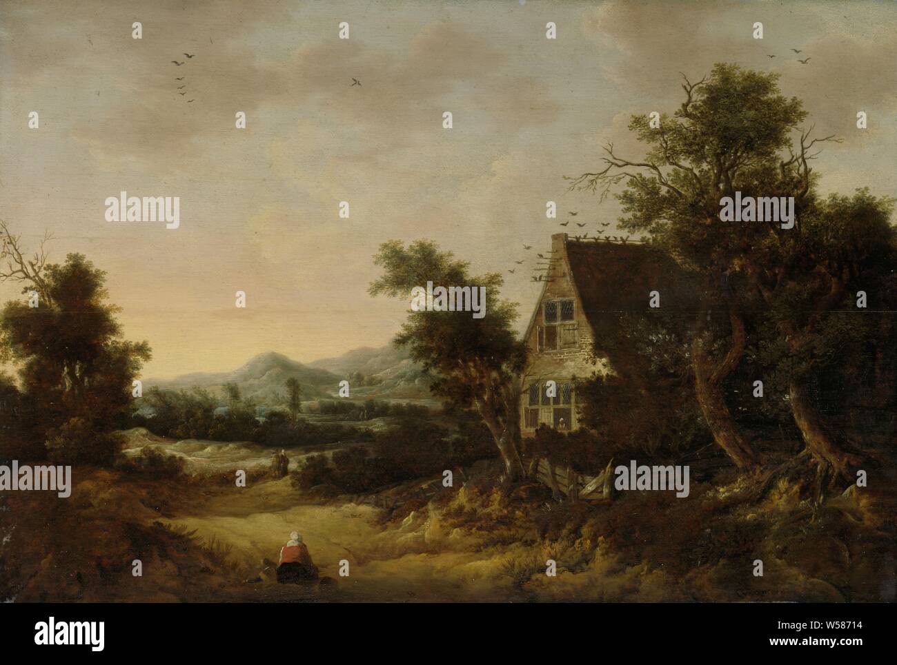 Hilly Landscape with Peasant Cottage, Hillside landscape with a farmhouse on the right nestled among trees. There is a dirt road in front of the house, with some passers-by resting in the foreground., Cornelis van Zwieten, 1653, panel, oil paint (paint), h 41.5 cm × w 60 cm d 4.5 cm Stock Photo