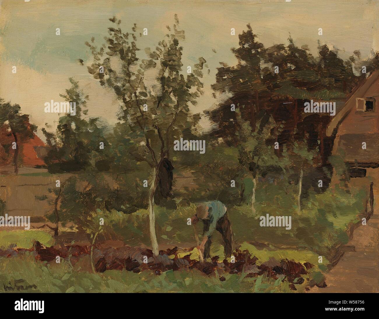 Vegetable garden, A man is bent over to work in a vegetable garden. On the right a house with trees., Willem Witsen, 1885 - 1922, panel, oil paint (paint), h 27 cm × w 35 cm d 7 cm w 3 kg Stock Photo