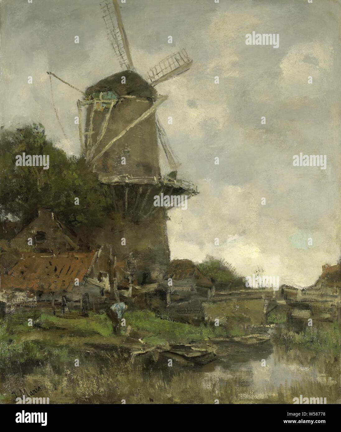 The Windmill, View of a post mill behind some houses and trees near a canal. On the left side of the bank a man is bent over by a flat barge., Jacob Maris, c. 1880 - c. 1886, canvas, oil paint (paint), h 59.5 cm × w 50 cm × t 3.3 cm d 12 cm Stock Photo
