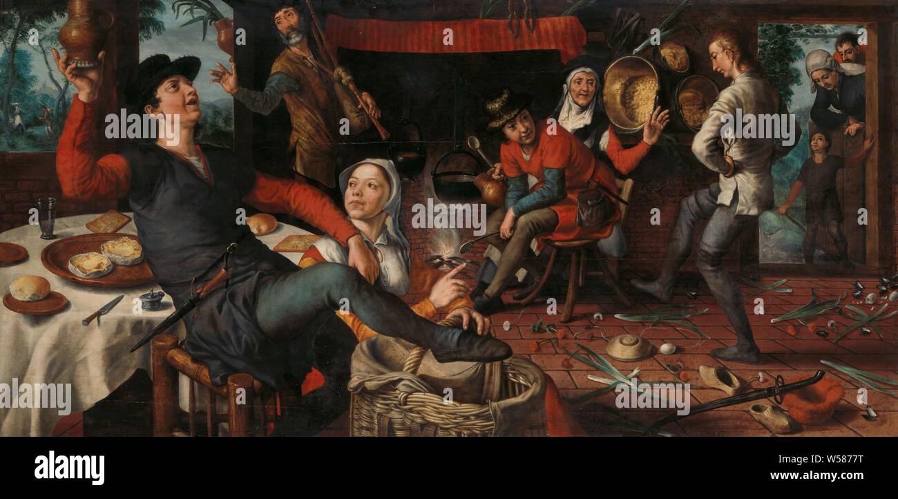 The Egg Dance, The Egg Dance. Interior of a farmhouse with different people in front of a fireplace and at a table. On the right a dancing young man, on the left a drinking man with a jug. At the fireplace a bagpipe player, festivities (games of skill, festive activities), man dancing alone, interior of the house, Pieter Aertsen, Antwerp, 1552, panel, oil paint (paint), h 84 cm × w 172 cm w 20.5 kg Stock Photo