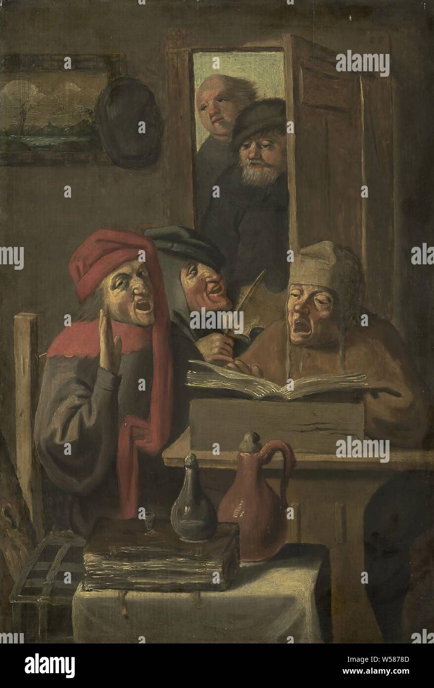 Musical Company, Music-making company. Interior with three singing men around a table, one playing the violin. A songbook is lying open on the table. A book and two jugs lie on a chest. Two people enter through a door. A painting hangs on the wall, vocal music, singing, Adriaen Brouwer (manner of), 1620 - 1750, panel, oil paint (paint), h 39 cm × w 26 cm d 4.7 cm Stock Photo