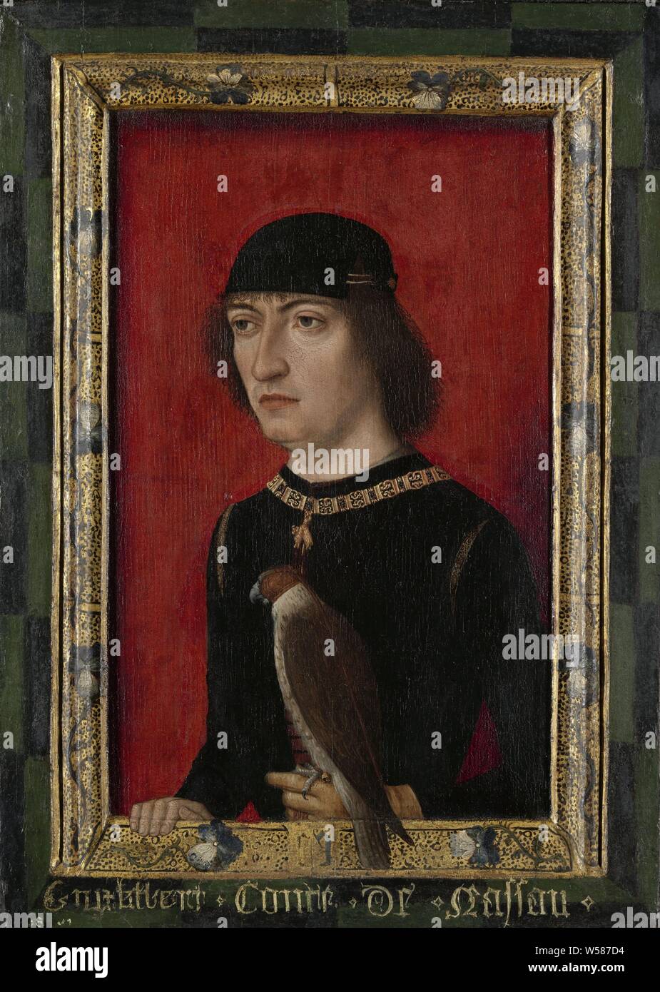 Portrait of Engelbert II, Count of Nassau, Portrait of Engelbrecht II, Lord of Breda. Regent over all the Netherlands in the name of Philips the Fair, Portrait of Engelbert II (1451-1504), lord of Breda. Regent over all Netherlands in the name of Philips the Fair. Half-way, to the left, a falcon on the right. Around the neck the chain of the order of the Golden Fleece. With integrated list, predatory birds: falcon, knighthood order of the Golden Fleece - insignia of a knighthood order, eg .: badge, chain (with NAME of order), historical persons, Engelbrecht II count of Nassau-Dillenburg-Breda Stock Photo