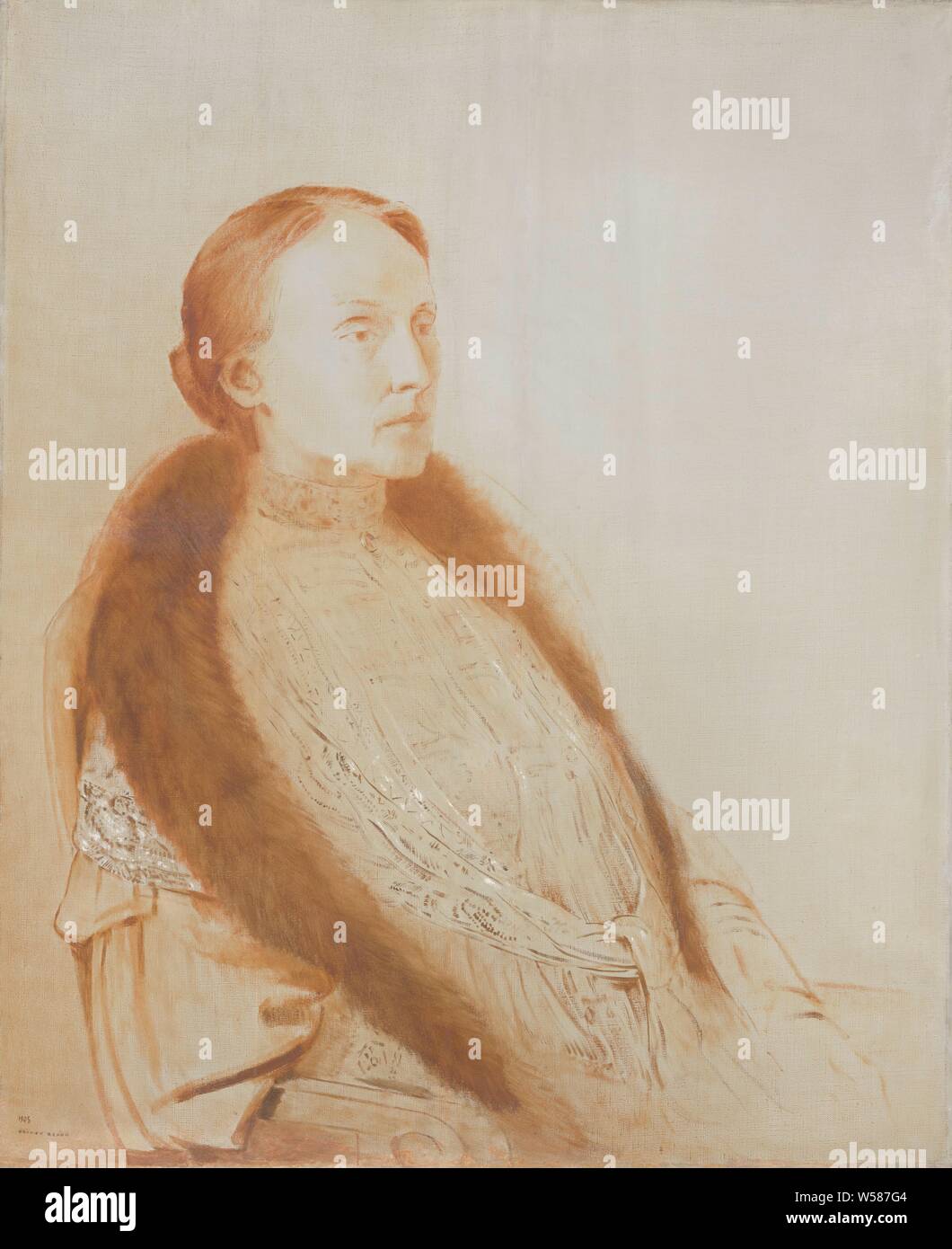 Portrait of A.M.L. Bonger-van der Linden, the first wife of the collector André Bonger. Half-length, sitting to the right, a fur stole around the shoulders, historical persons - BB - woman, Anne Marie Louise van der Linden, Odilon Redon (mentioned on object), 1905, canvas, oil paint (paint), painting, h 72.5 cm × w 59.5 cm × t 3.3 cm d 4.2 cm Stock Photo