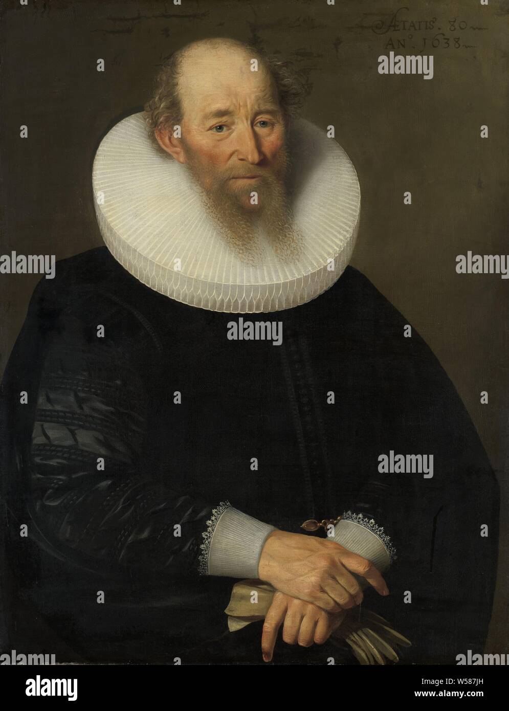 Portrait of an Old Man, Portrait of an Unknown Old Man. Sitting, half-length, with a large white collar and with hands folded in the lap, gloves in the left hand. Perhaps the person portrayed can be identified as Arend Jacobsz van der Graeff, anonymous historical person portrayed, old man, neck gear: collar, Samuel Hoffmann (mentioned on object), 1638, canvas, oil paint (paint), h 88 cm × w 68 cm d 8 cm Stock Photo