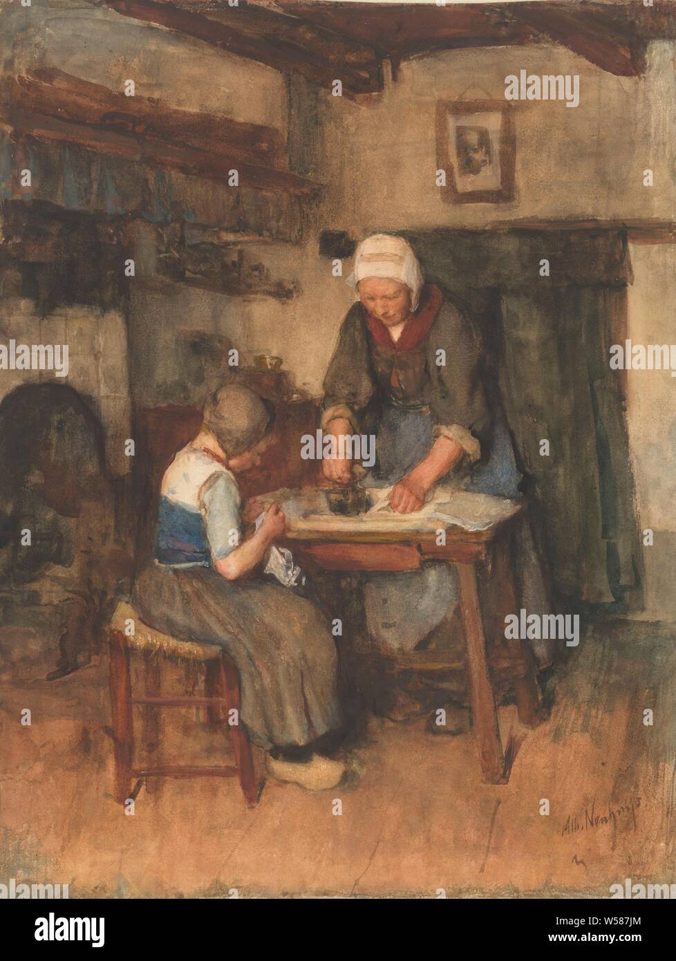 Interior with ironing woman and sewing child, mother with daughter (s