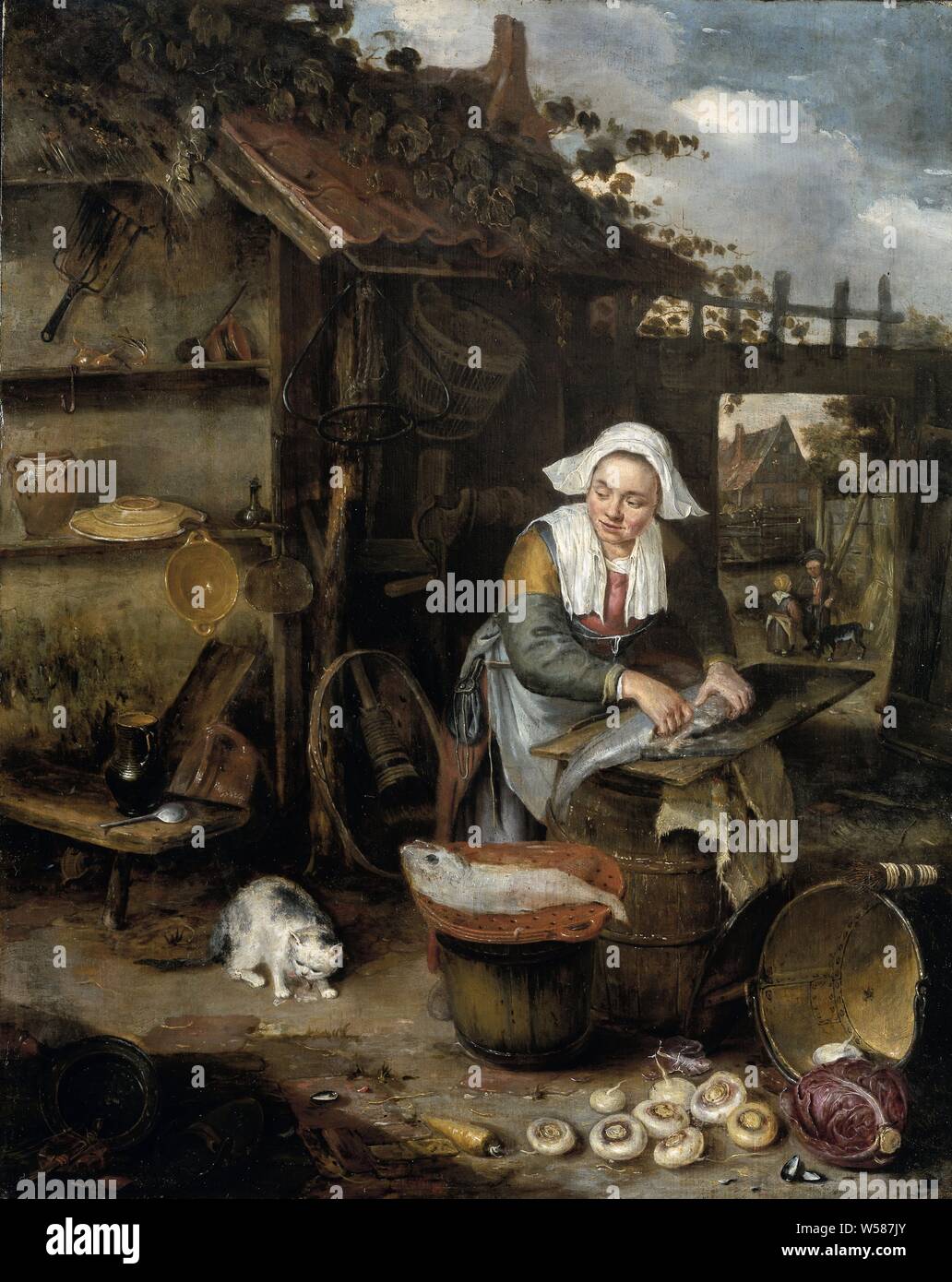 A Housewife in an inner Courtyard Cleaning Fish, In a courtyard by a barn, a young woman is cleaning fish. To the left lies an already cleaned fish on a colander on a basin. Against the wall of the barn all kinds of tools and household goods are hanging. At the left of a bench a cat eats fish. Bottom right a copper kettle with a cabbage and white turnips. In the background two children with a dog, kitchen maid, kitchen servant, cleaning (food) - CC - in the open air, fishes, Hendrik Potuyl, 1639 - 1649, panel, oil paint (paint), h 45 cm × w 36 cm Stock Photo