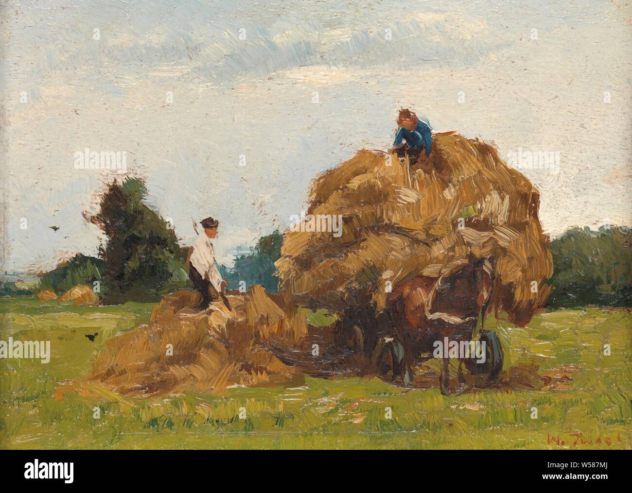 Hay Wagon, Two farmers stack hay on a hay wagon with horse on the field