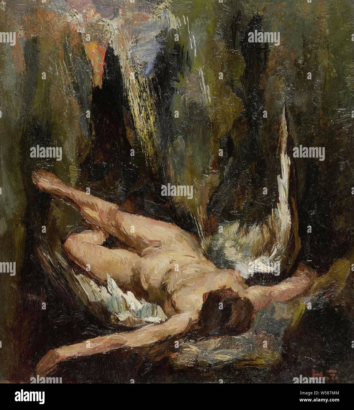 The fallen angel, A fallen angel lies with his arms stretched out on a rocky bottom, fall of the rebel angels, who become devils, Willem de Zwart, 1885 - 1931, oil paint (paint), panel, painting, h 20 cm × w 17.5 cm d 10 cm Stock Photo