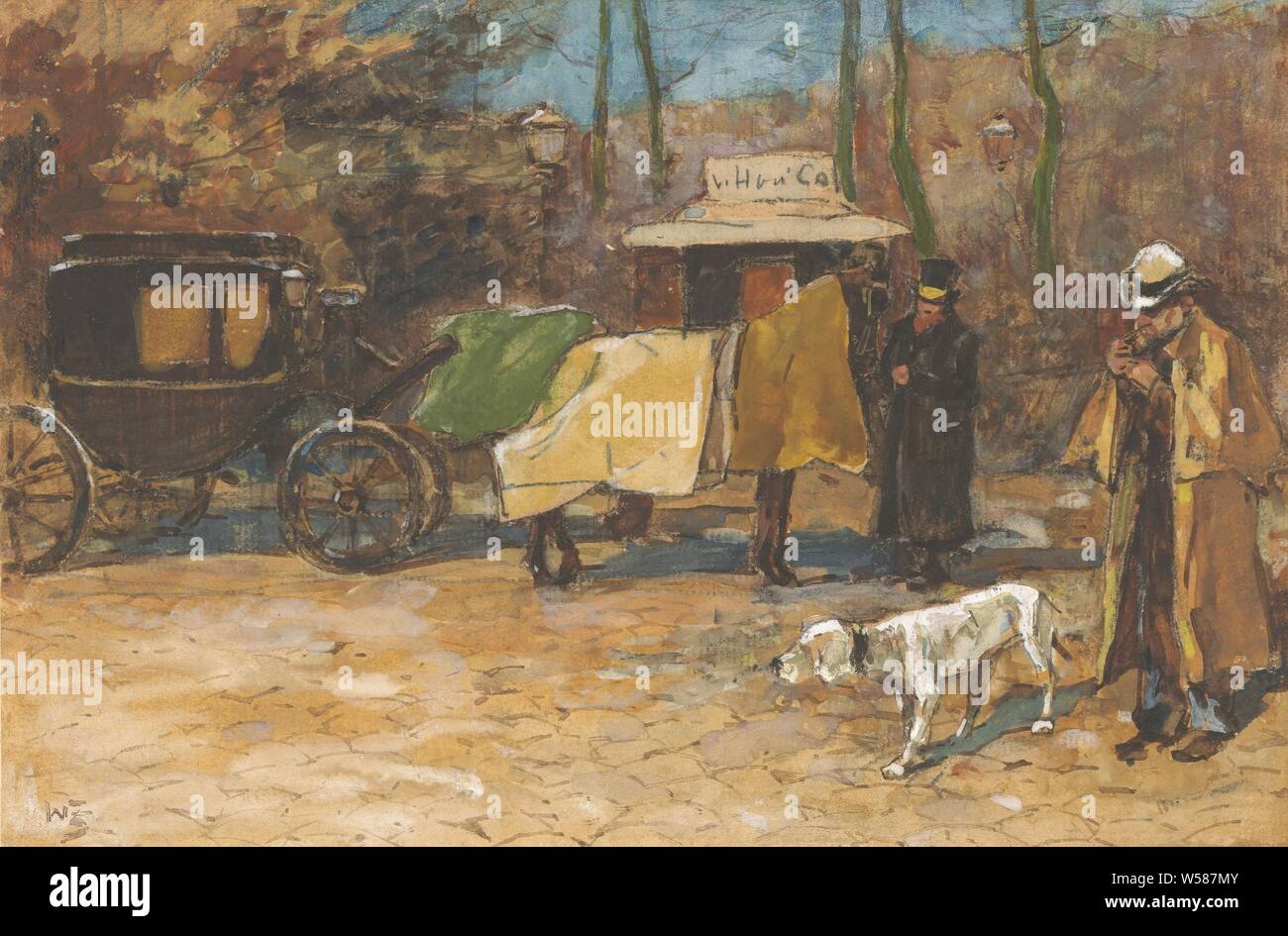 Waiting carriage in a park, four-wheeled, animal-drawn vehicle, eg .: cab, carriage, coach, public gardens, park, dog, Willem de Zwart (mentioned on object), 1872 - 1931, paper, chalk, brush, h 180 mm × w 270 mm Stock Photo