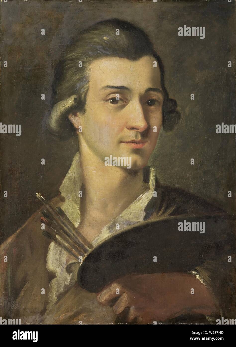 Portrait of a Painter, Portrait of a young painter. Bust, with palette and brushes held up in left hand, portrait, self-portrait of artist, anonymous historical person portrayed, anonymous, Noord-Italie, 1700 - 1799, canvas, oil paint (paint), h 50.1 cm × w 37.2 cm × t 3.3 cm d 5.3 cm Stock Photo