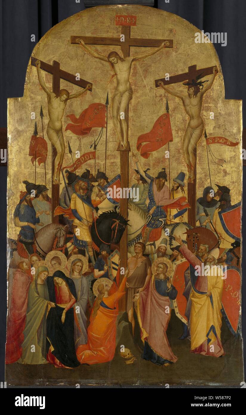 The Crucifixion Calvary, The Crucifixion, against a golden background. The mountain of the cross with soldiers on horseback with waving banners between the crosses. In the foreground Mary, Mary Magdalene, John and others, crucified Christ with Mary, John, and Mary Magdalene - DD - the three crosses, Niccolò di Pietro Gerini, Florence, c. 1390, panel, h 70 cm × w 43 cm Stock Photo