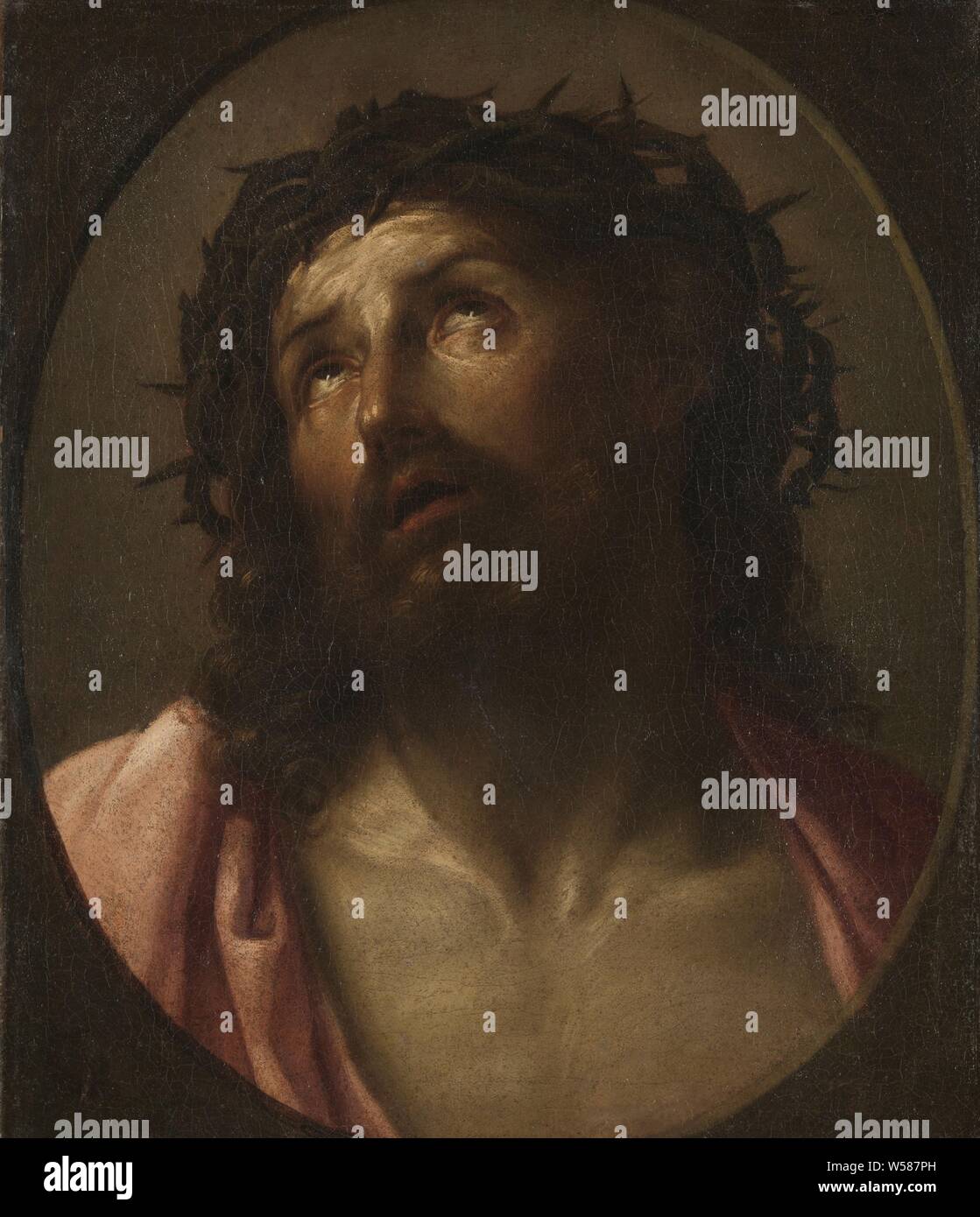 Man of Sorrows, Head of Christ as Man of Sorrows. Christ's head with the crown of thorns, looking up. Probably a copy to the original in Detroit, 'Imago Pietatis', 'Erbärmdebild', 'Schmerzensmann', the upright Christ showing his wounds, usually bearing the crown of thorns, and accompanied by the instruments of the Passion, standing or sitting in his tomb, head of Christ with crown of thorns, Guido Reni (follower of), 1630 - 1700, canvas, oil paint (paint), h 52 cm × w 44.5 cm × t 3.2 cm d 4.2 cm Stock Photo