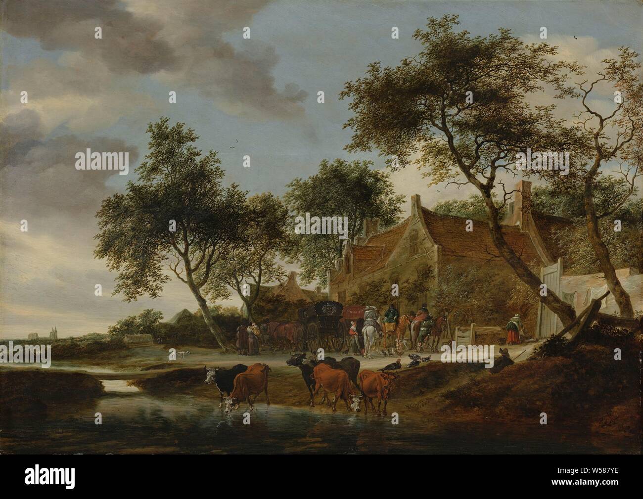 The watering place, Stopping place. A few cars and riders stop in front of an inn to rest. In the foreground, cows drink from a ditch, in addition a shepherd and a few chickens., Salomon van Ruysdael, 1660, panel, oil paint (paint), h 61 cm × w 85 cm d 9.3 cm Stock Photo