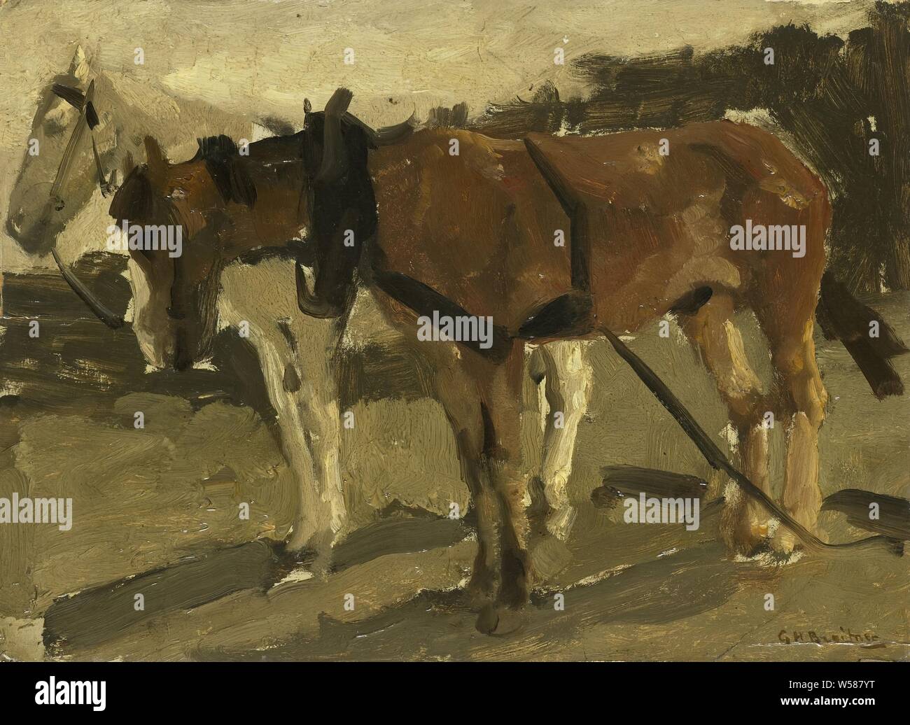 A Brown and a White Horse in Scheveningen, A brown and a white horse, horse, Scheveningen, George Hendrik Breitner (mentioned on object), Netherlands, c. 1880 - c. 1923, panel, oil paint (paint), h 26.9 cm × w 37.3 cm × t 1.6 cm × d 10 cm Stock Photo