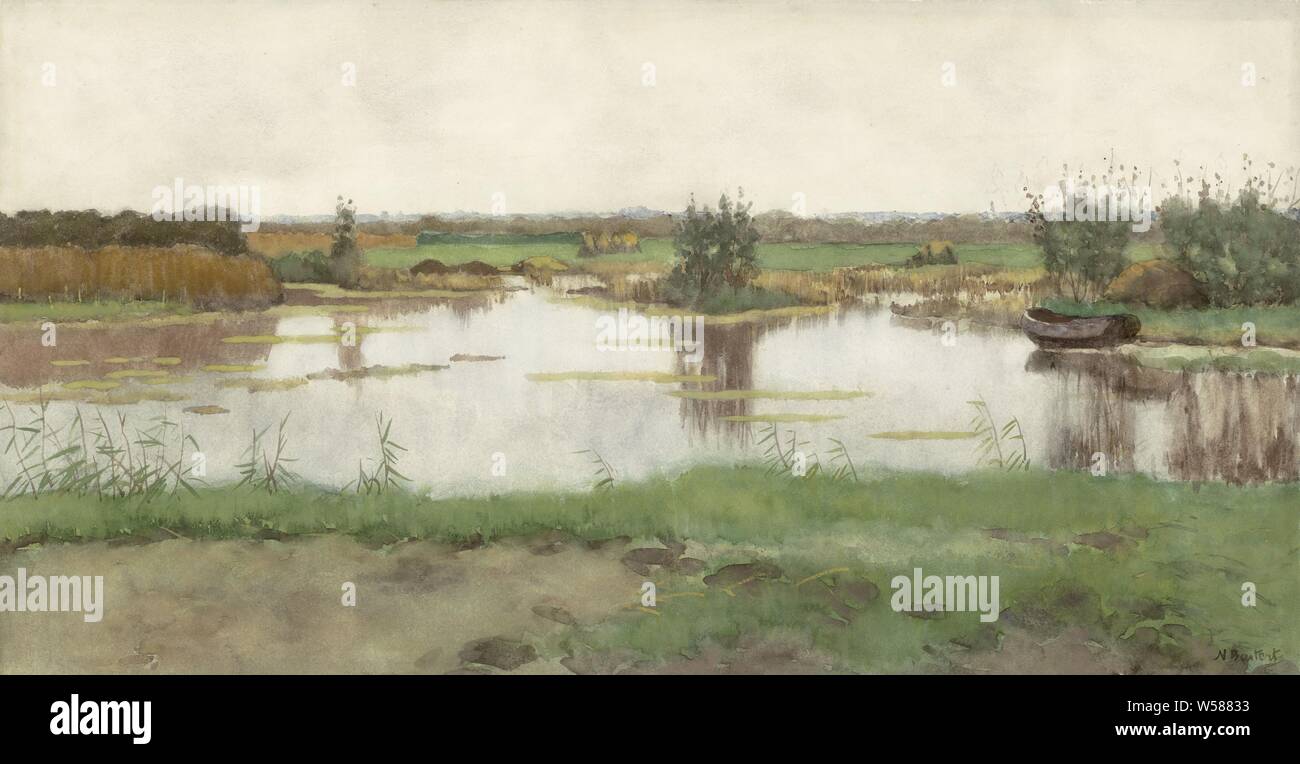 A pond in a meadow, swamp, inland marsh, fens, meadow, pasture, Nicolaas Bastert, 1864 - 1919, paper, brush, h 470 mm × w 890 mm Stock Photo