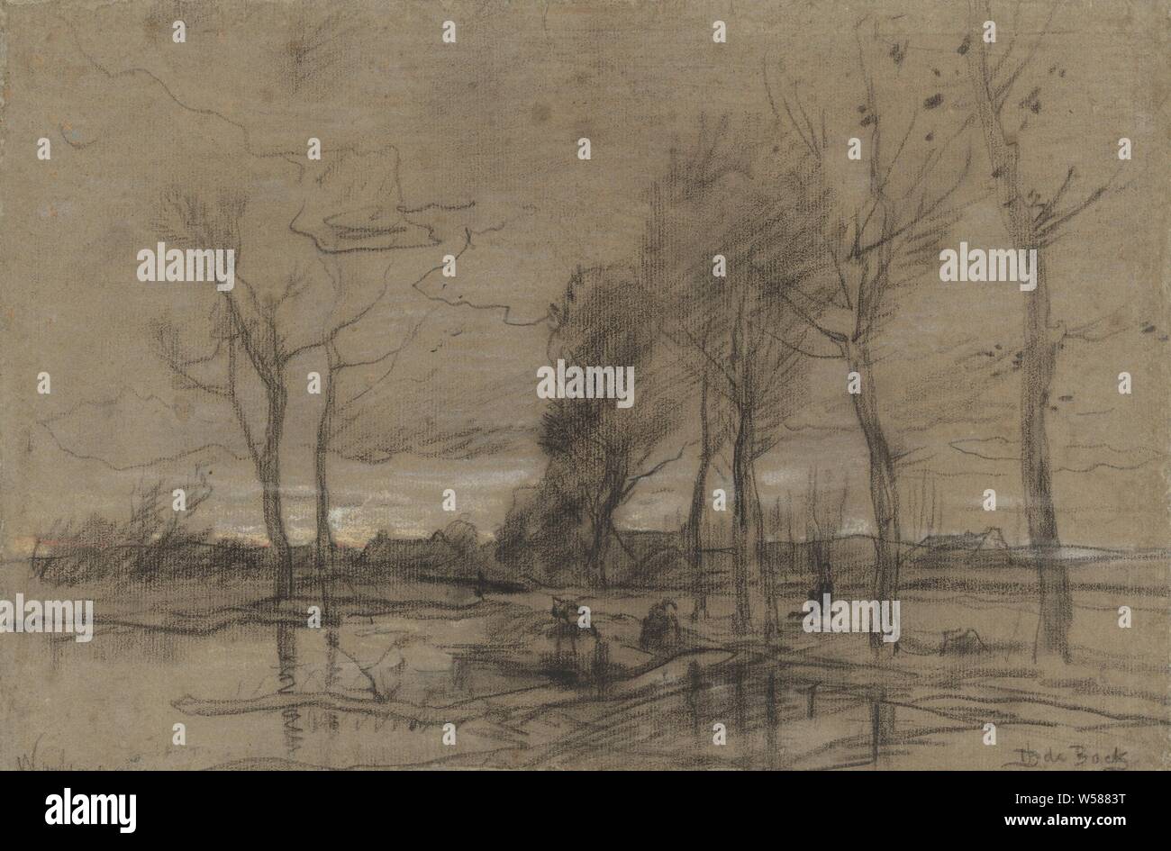 Autumn landscape, autumn landscape, landscape symbolizing autumn (the four seasons of the year), Théophile de Bock (mentioned on object), Netherlands, 1861 - 1904, paper, chalk, h 275 mm × w 410 mm Stock Photo