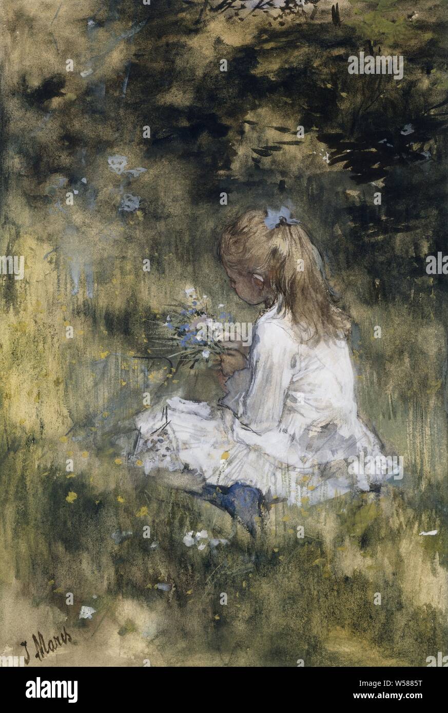 A Girl with Flowers on the Grass Jacob Maris' daughter with flowers in the grass, A girl, an artist's daughter with flowers in the grass., Girl (child between toddler and youth), flowers, child and nature (games and plays), Jacob Maris (mentioned on object), 1878, paper, chalk, watercolor (paint), brush, h 391 mm × w 261 mm Stock Photo