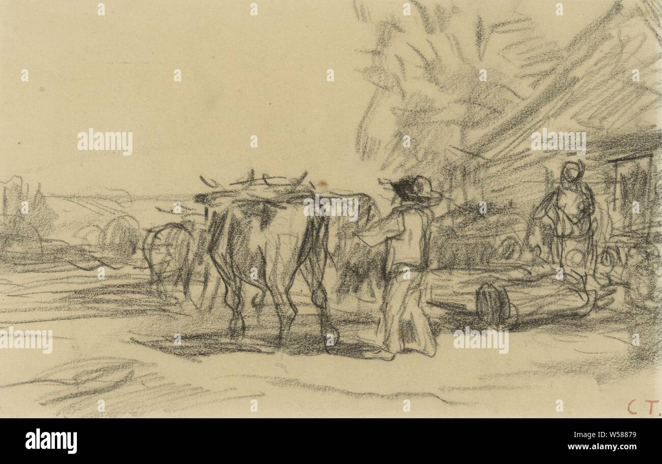 span oxen, ox, Constant Troyon (mentioned on object), 1820 - 1865, paper, chalk, h 140 mm × w 215 mm Stock Photo