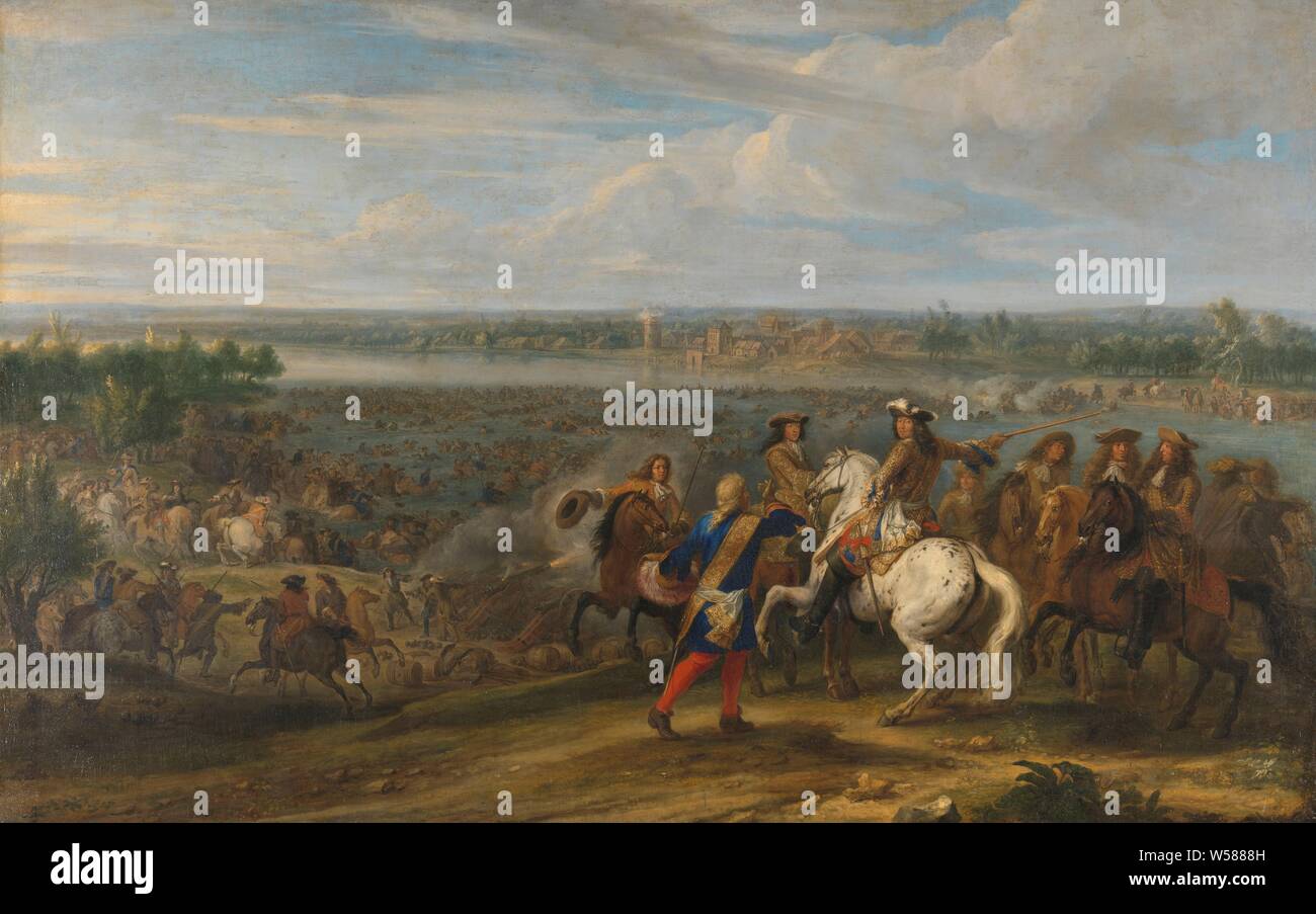 Louis XIV Crossing into the Netherlands at Lobith, Louis XIV travels at the Tolhuis at Lobith the Rhine, June 12, 1672, Louis XIV, king of France, travels at the Tolhuis at Lobith the Rhine, at June 12, 1672. In the foreground the French king seated on a horse between his officers. At the bank of the Rhine, cannons fire at the Dutch troops on the other side. In the middle the French armies wade through the water to the other side, crossing a river, equestrian state portrait, army 'en route', Lobith, Rhine, Louis XIV (king of France), Adam Frans van der Meulen, 1672 - 1690, canvas, oil paint Stock Photo