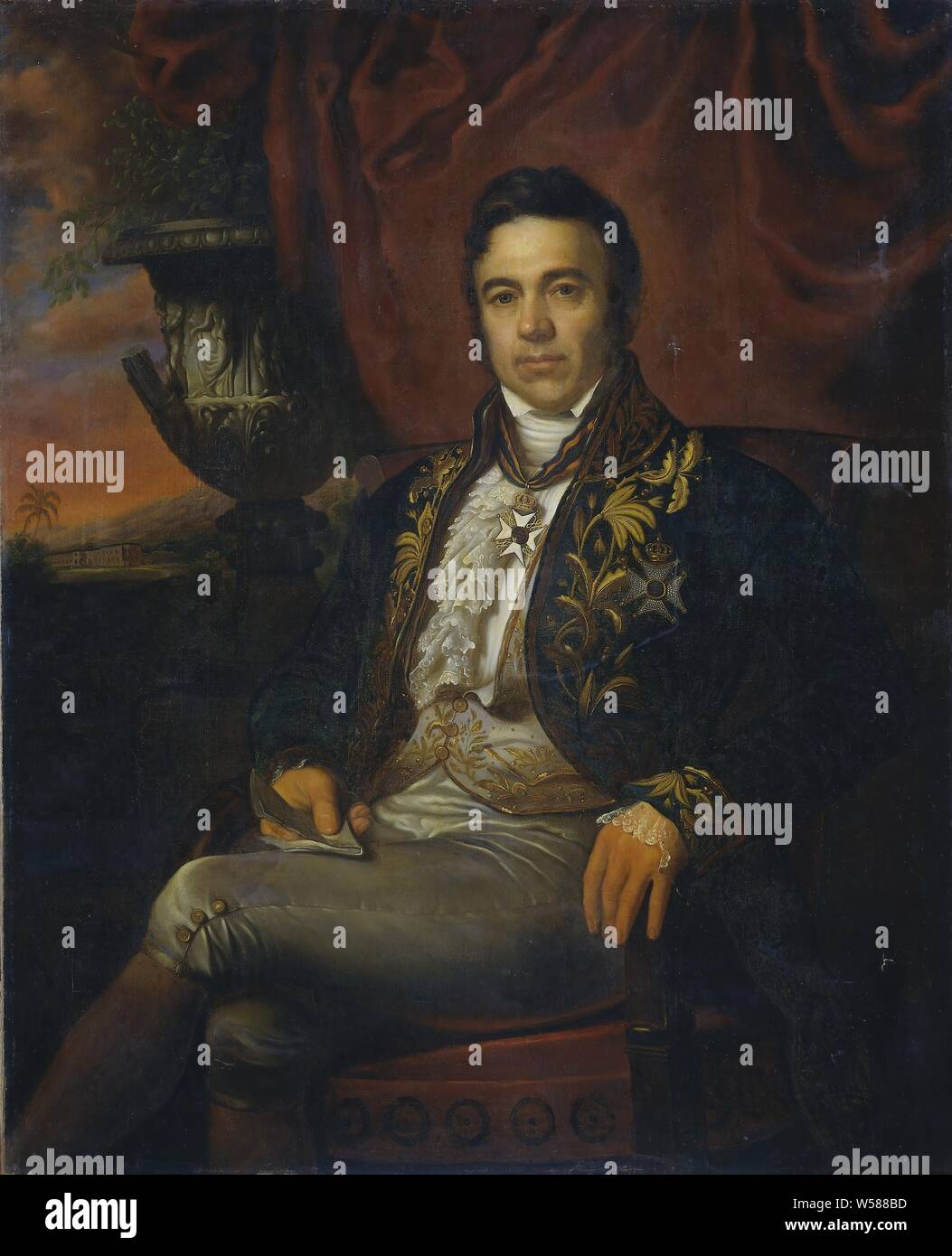 Portrait of Jean Chré ten Baud, Governor-General ad interim of the Dutch East Indies, Portrait of Jean Chré ten Baud (1789-1859). Governor-General ad interim (1833-35). Knee, sitting in a chair to the left, face and face. A folded letter in the right hand. On the left behind a garden vase a view of a landscape with the Buitenzorg palace on Java. Part of a series of portraits of the governors-general of the former Dutch East Indies, historical persons, colonial governor, Dutch East Indies, Java, Buitenzorg, Jean Chré ten baron Baud, Raden Sarief Bastaman Saleh, 1835, oil paint (paint), canvas Stock Photo