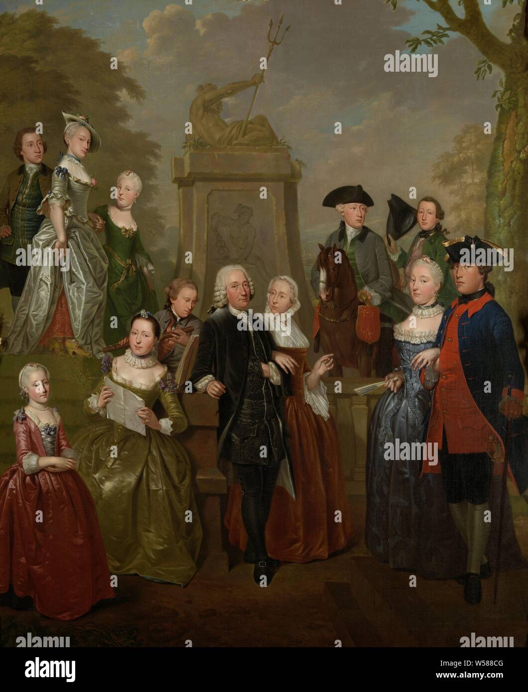Portrait of Theodorus Diocese of Vliet and his Family Portrait of Theodorus Diocese of Vliet and his family, Portrait of Theodorus Diocese of Vliet (1698-1777), mayor of Haastrecht and Water Board of the Krimpenerwaard, with his family on a terrace in the garden of his house in Haastrecht for a statue with Neptune and Mercury. The following are also depicted: his wife Maria van Harthals (1703-63) and his children top left: Cornelis (1737-73), Maria Theodora (1739-1828) and Adriana Elisabeth (1742-76), bottom left: Agatha (1743-76) Johanna Margaretha (1735-64) and Johan de Wijs (1740-62), Stock Photo