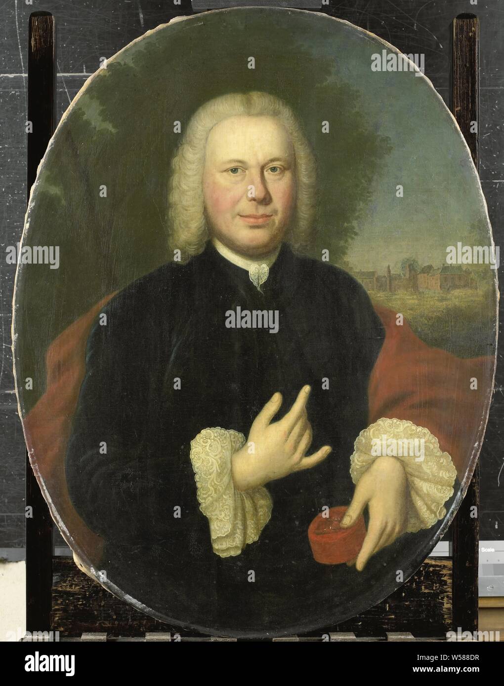 Diederik van Bleyswijk (1711-63), Baron of Eethen and Meeuwen, Lord of Babiloniienbroek, Burgomaster or Gorkum, Portrait of Diederik van Bleyswijk, freethinker of Eethen and Meeuwen, lord of Babiloniienbroek, mayor of Gorkum. Oval portrait, half-length, with a snuff box in the left hand, and a country retreat in the background. Diederik van Bleyswijk, Conrad Kuster, 1761, canvas, oil paint (paint), h 87.5 cm × w 67 cm d 5.5 cm Stock Photo