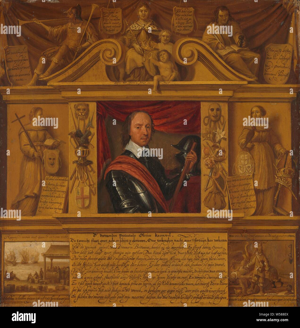 Portrait of Oliver Cromwell, in a Frame with Allegorical Figures and Historical Representations, Portrait of Oliver Cromwell (1599-1658) in an architectural setting with allegorical figures and historical representations. Cromwell is presented in half body, in armor, on either side of festivals with symbols of battle and of England. At the top personifications of Faam, the ruling Love and the History or History. Left Faith, right Hope. Bottom left robbing and blowing up merchant ships. On the right an allegorical representation in which Cromwell is crowned by the dragon 'gripping bird' Stock Photo